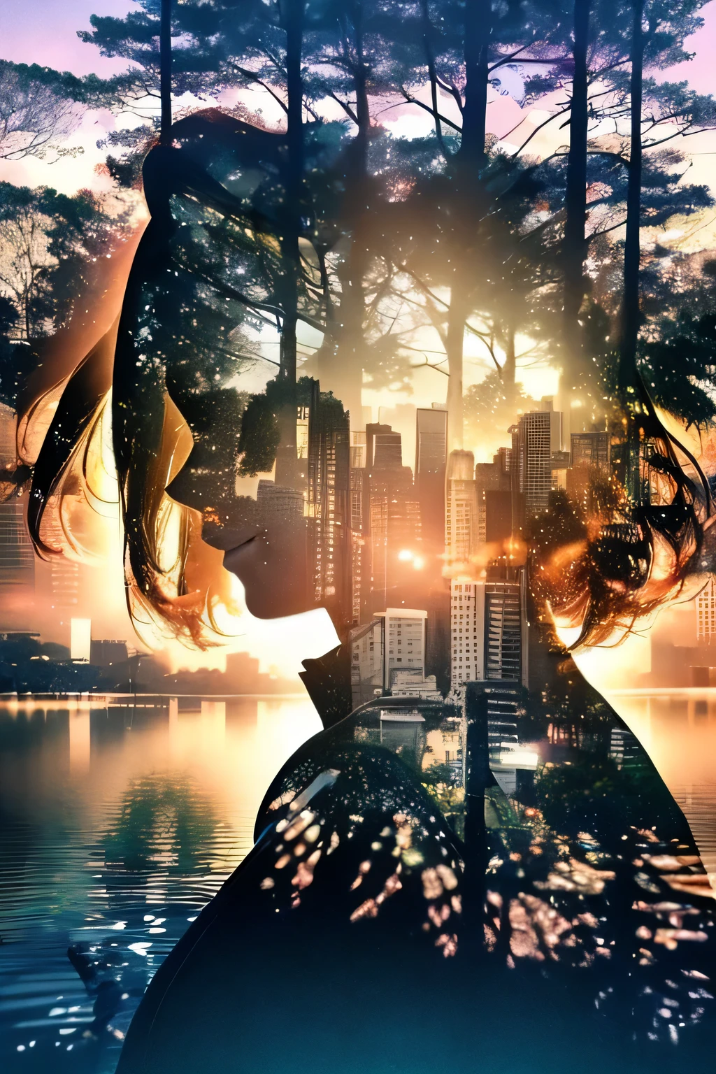 photoRealstic、((Super multiple exposure effect where the background can be seen through the clothes))、girl with、A smile、Lakeside in the background、Wonderful、towards the night view, If you leave the shutter open for a long time、create a line of light.