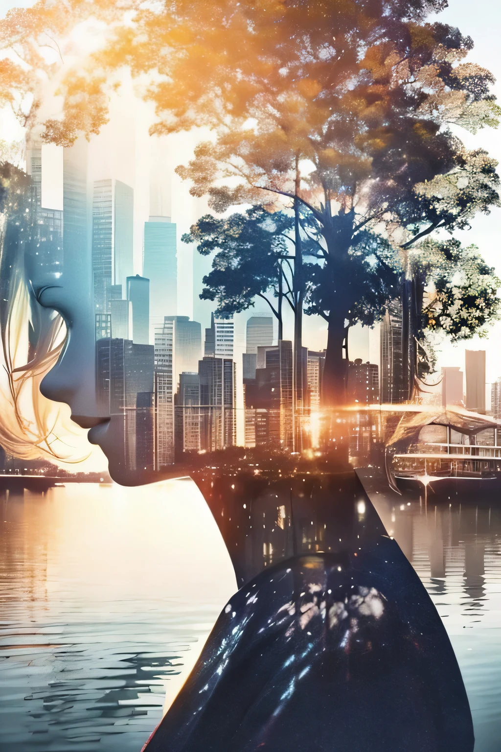 photoRealstic、((Super multiple exposure effect where the background can be seen through the clothes))、girl with、A smile、Lakeside in the background、Wonderful、towards the night view, If you leave the shutter open for a long time、create a line of light.