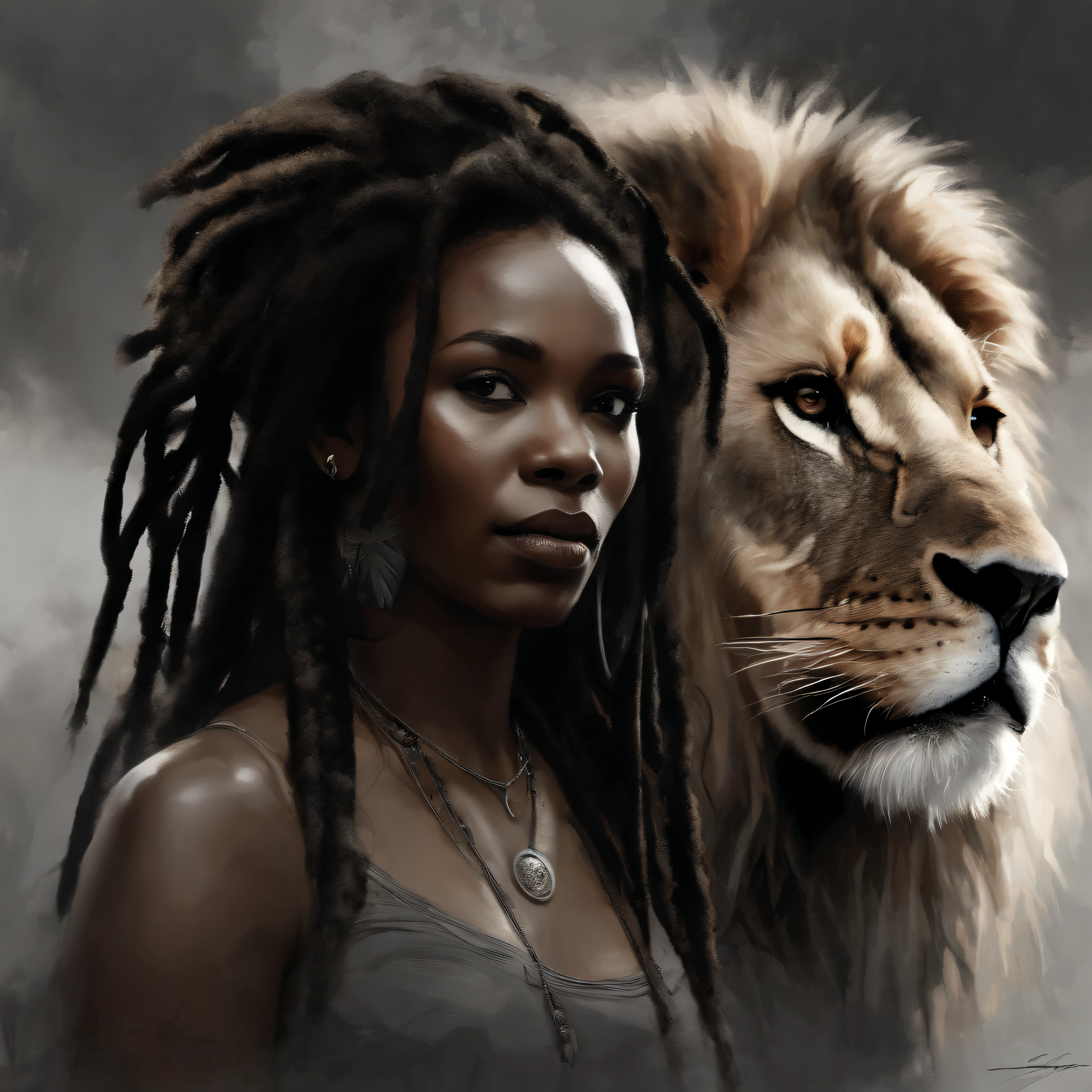 an image of a black woman with dreadlocks next to a lion , Nenhum estilo de Russ Mills, Michael Garmash, charming sketches, mono-ha, Contemporary Asian art, Lilia Alvarado, Pincelada concisa --AR 69:128 --s 750 --V 5. 2