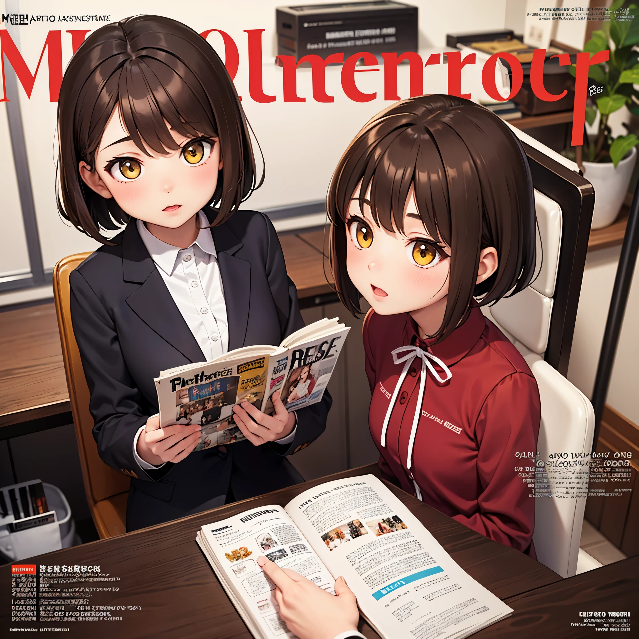 only one girl, 1girl, wear office uniform, cedar brown hair, yellow eyes, pixie cut hairstyle, magazine cover, inspired by the cover of metropolitan magazine cover, text bold and eye catching, in the office room