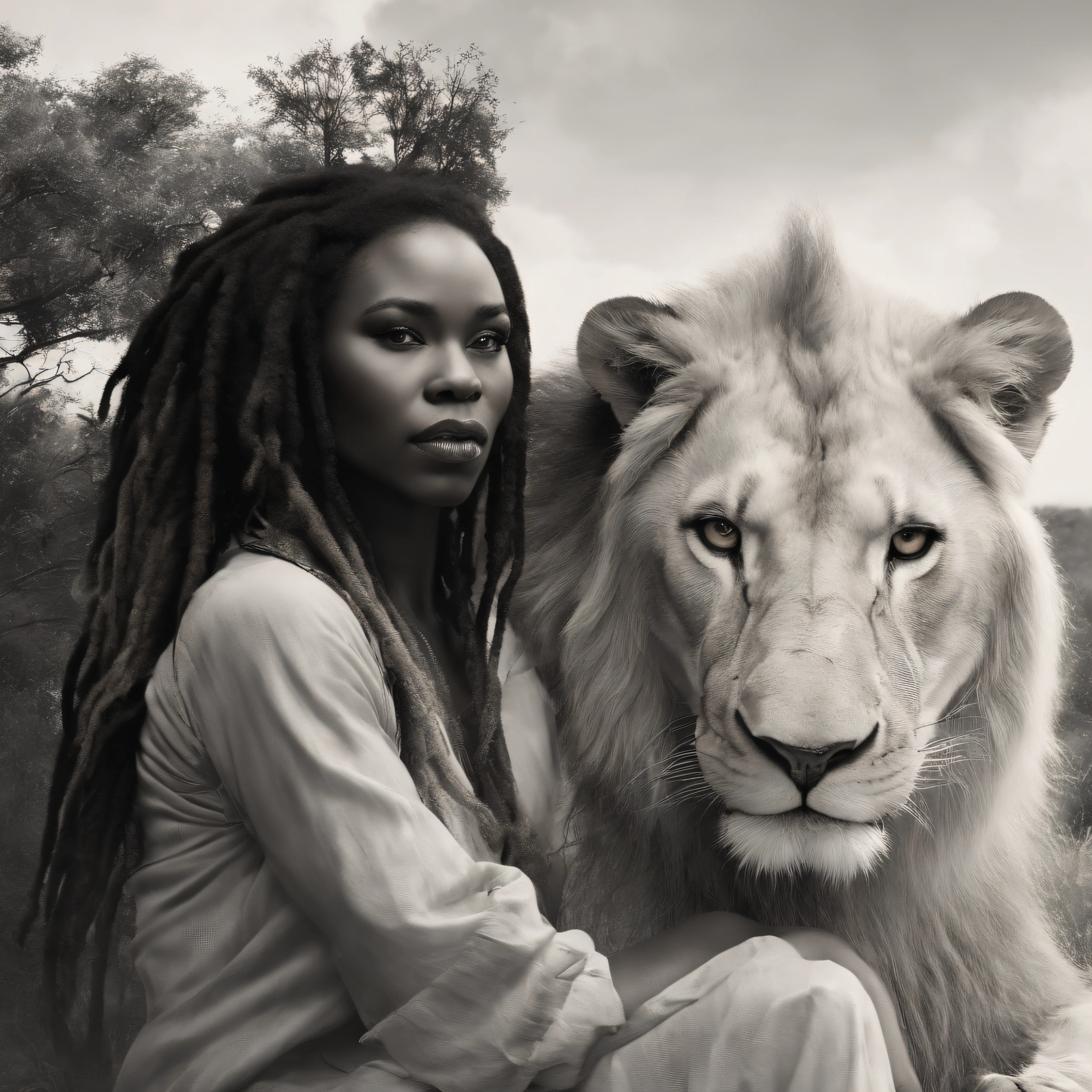 an image of a black woman with dreadlocks next to a lion , Nenhum estilo de Russ Mills, Michael Garmash, charming sketches, mono-ha, Contemporary Asian art, Lilia Alvarado, Pincelada concisa --AR 69:128 --s 750 --V 5. 2