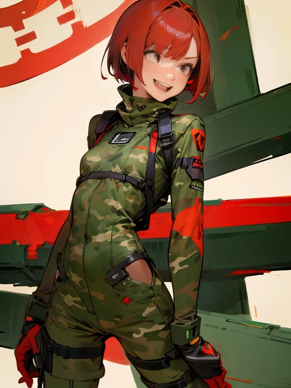 Slim type、small tits、covering one's ears with both hands、Female Android、red hair short cut、Woman in camouflage combat uniform、Laughing face、