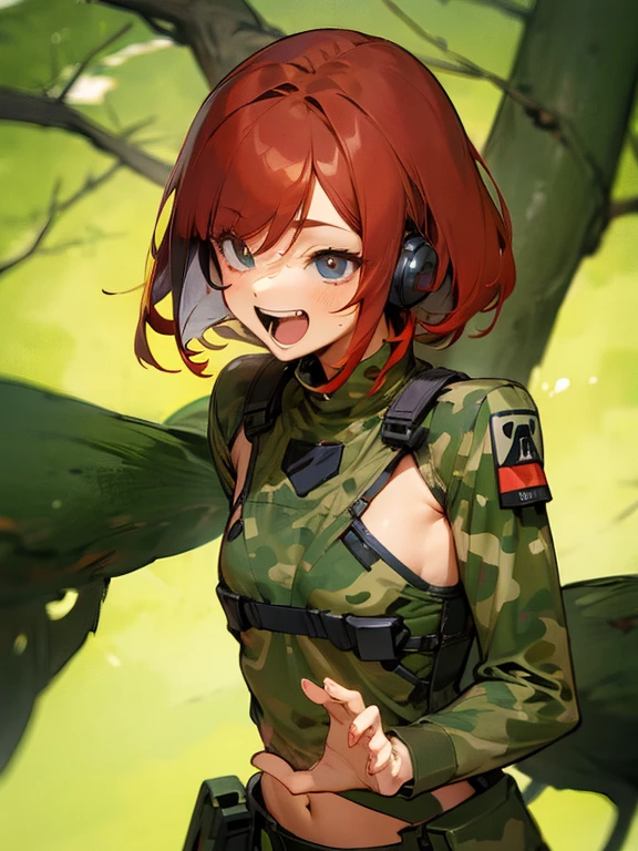 Slim type、small tits、covering one's ears with both hands、Female Android、red hair short cut、Woman in camouflage combat uniform、Laughing face、