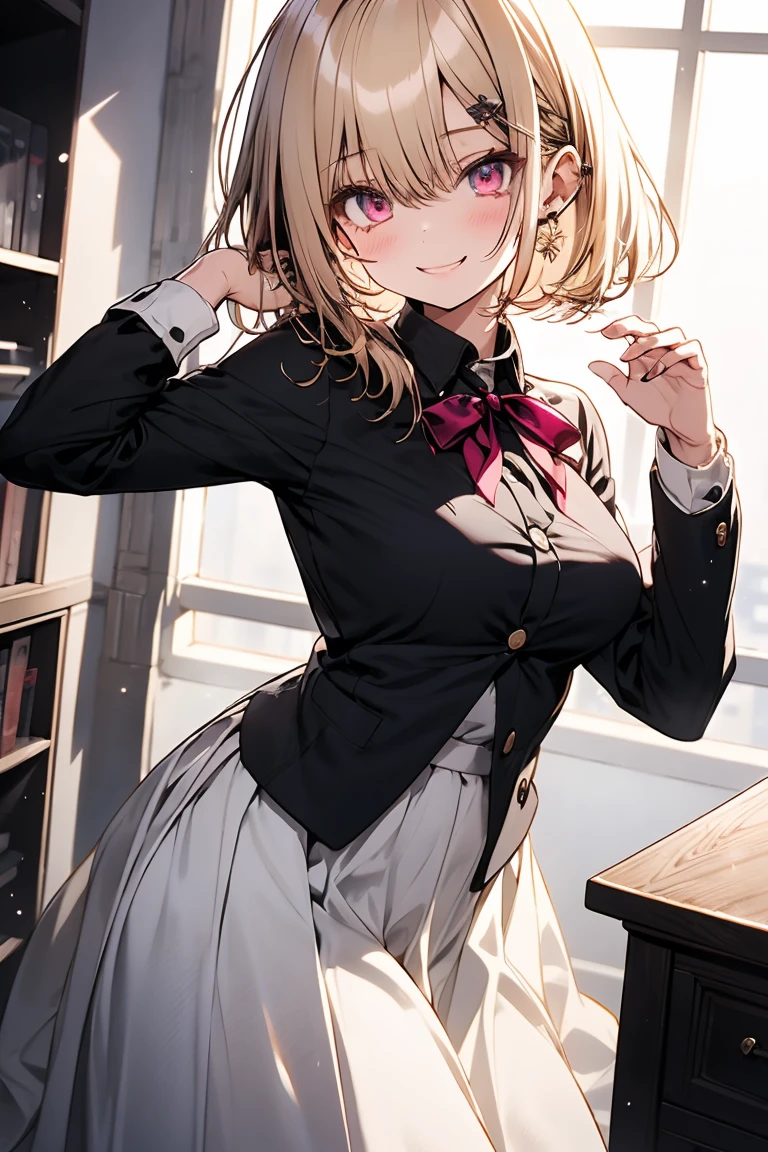 masterpiece, absurdres, best quality, ultra detailed, high Resolution, detailed illustration, extremely beautiful detailed face and eyes, bright colour, 1girl, (loli), cute face, Delicate beautiful face, magenta eyes, cute eyes, sparkling eyes, big eyes, medium breasts, (perky breasts:1.1), (pointy breasts:1.1), medium hips, glamorous body, white skin, smile, BREAK, long bob cut, (blonde hair:0.8), messy hair, detailed hair, shiny hair, BREAK business jacket, sweater, long skirt, tiny ribbon, presentation, meeting room, real world, natural lights, perfect lighting,