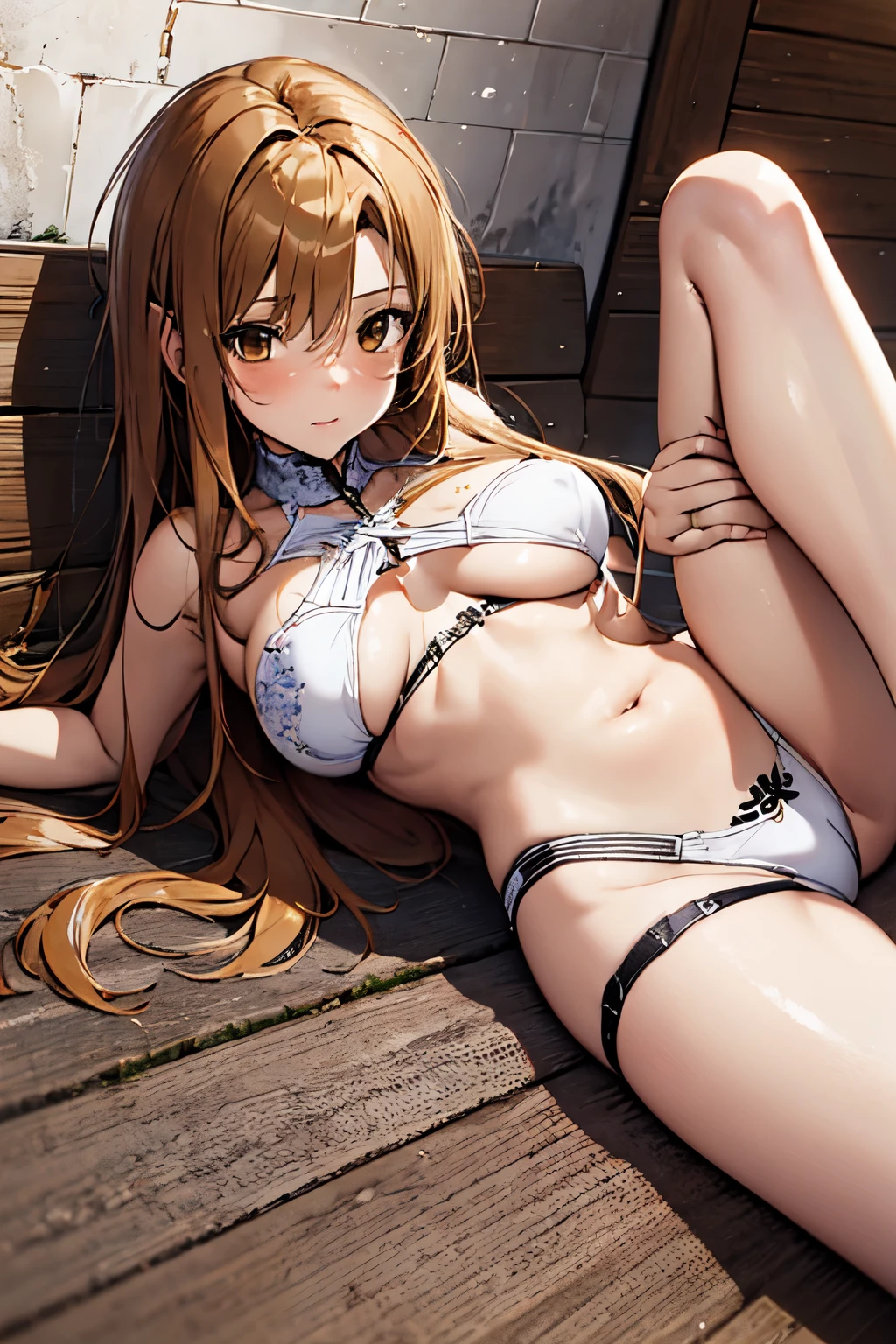 top-quality,Top image quality,in 8K,4K,masterpiece,ultra-detailliert,Beautiful、ultra-quality, best quality,high resolution, ultra-detailed,game cg,dutch angle,beautiful detailed eyes,five fingers,nsfw,a beauty girl,long hair, light brown hair, (brown eyes:1.8),Navel,asuna yuuki,buruma,sitted,with spreading legs,Stretch your legs,forward-bent posture,focus on the crotch