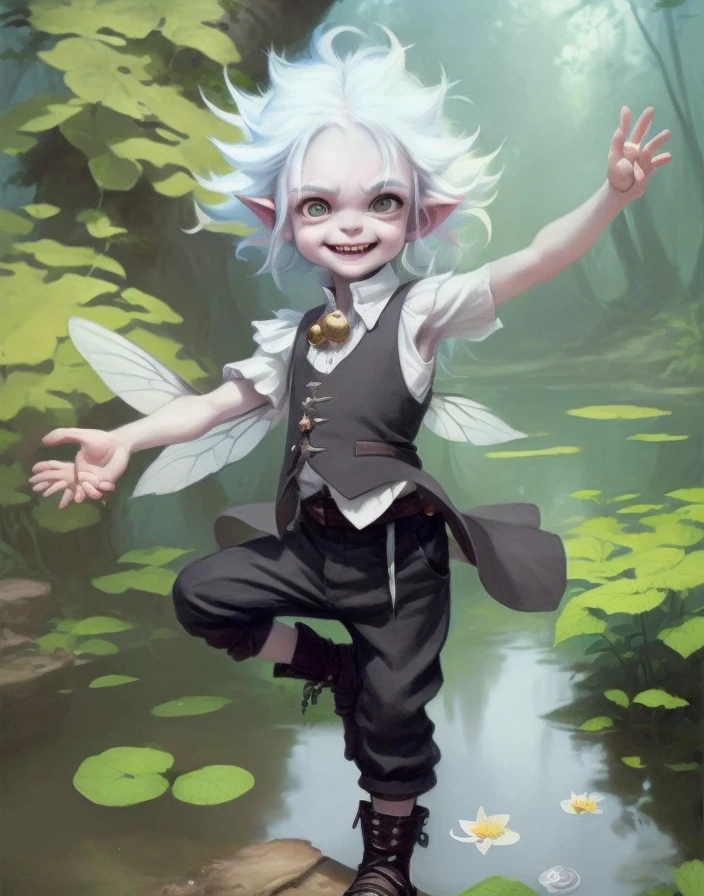 young imp  with white hair, insect antennae on his head, insect wings, white tail, black vest with bells, cheeky expression, long crazy hair, childlike, black pants and boots, pond in background, big eyes, (sunny day:1.25), laughing, gleeful, by justin gerard, short legs, bare arms, butterflies