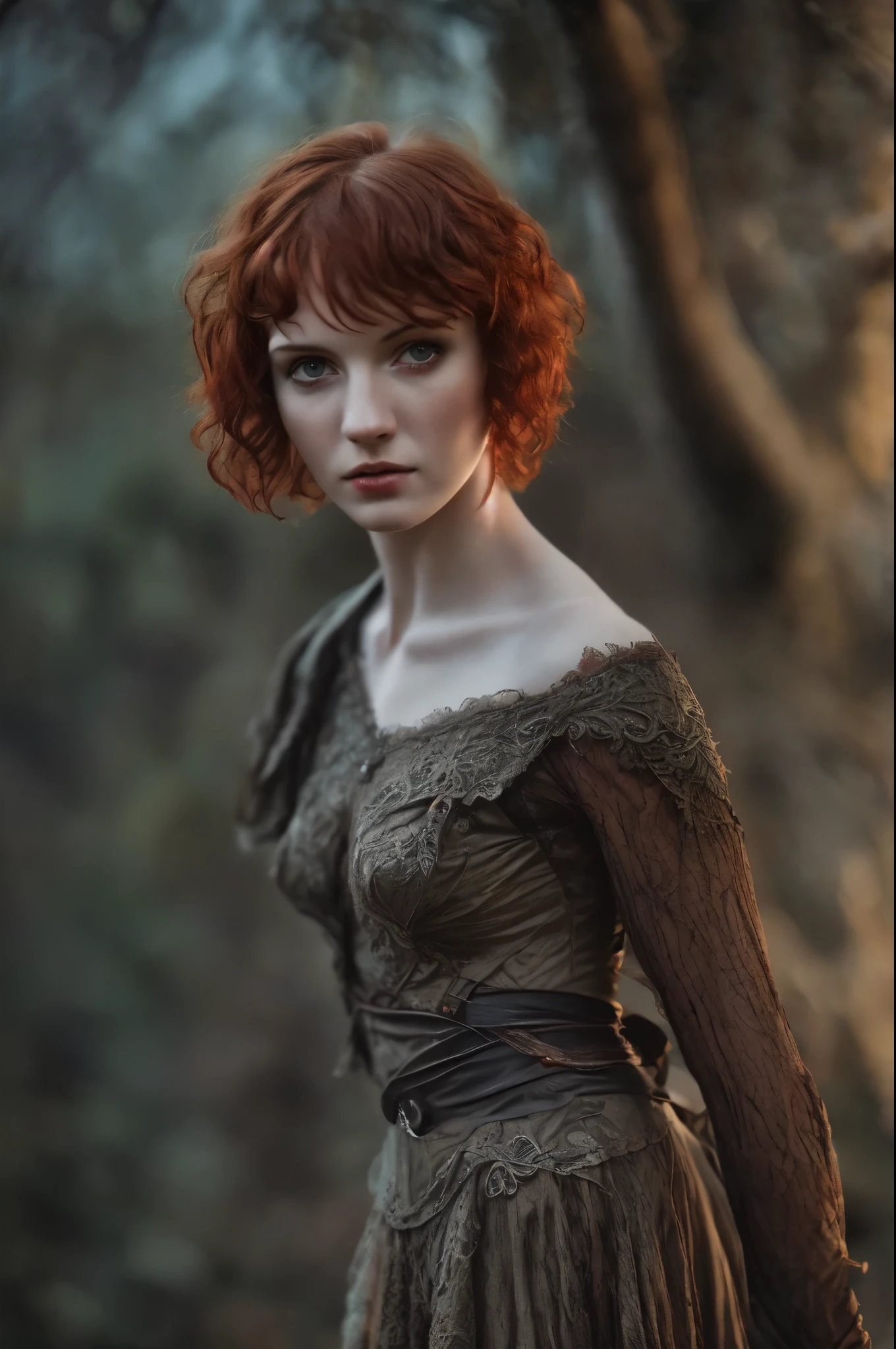 (Realisttic:1.2), analog photo style, cute woman with short hair and red bangs, red eyes, (Gloomy and dark atmosphere), soft natural light, faded colours, sexy, pleadure, great quality, Masterpiece, detailed fantasy background, better performance, 16k quality, HDR, RAW photo