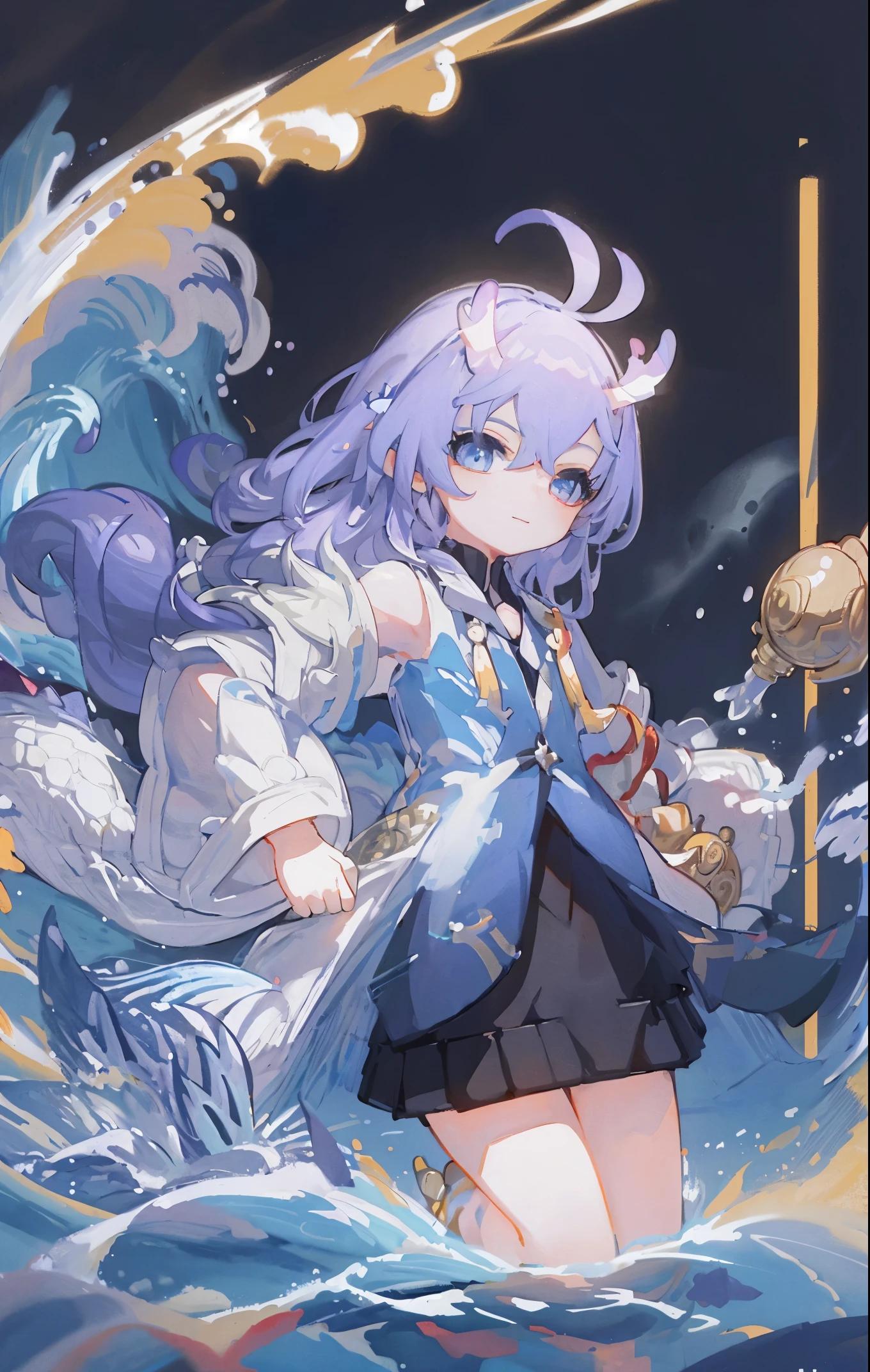 (Best Quality: 1.3), (Masterpiece: 1.3), (Illustration: 1.3), (Ultra Detail: 1.3), (Imid Shot: 0.9), 1girl, solo, very young, upper body, short neck, small breast, child (soaking in stream: 1.2), dragon tail, girl, ahoge, blue eyes, jewel eyes, very fine eyes, very fine face, shut up, light smile, water, fish, sea, horn, huafu, donglong, forked waist