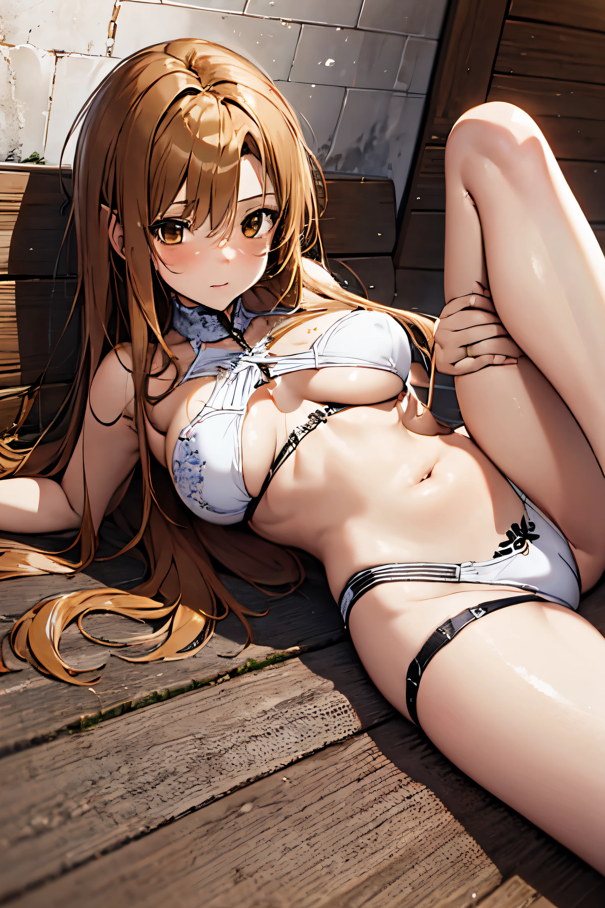 top-quality,Top image quality,in 8K,4K,masterpiece,Ultra-detailed細,Beautiful、ultra-quality, Best Quality,High resolution, Ultra-detailed,Game CG,Dutch Angle,Beautiful detailed eyes,Five Fingers,NSFW,a beauty girl,Long hair, light brown hair, (Brown eyes:1.8),Navel,asunayuuki,Buruma,sitted,with spreading legs,Stretch your legs,forward-bent posture,Focus on the crotch
