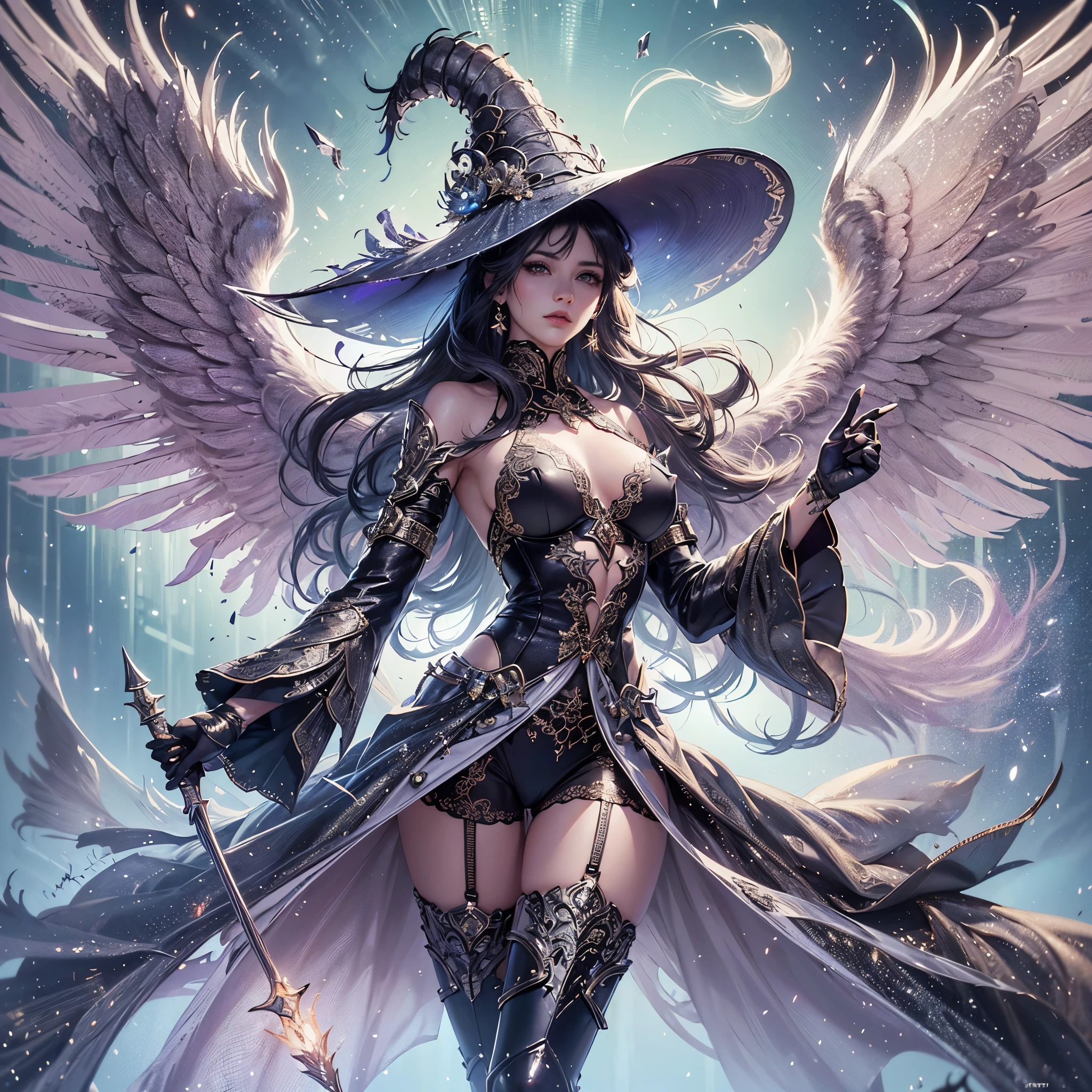 generate a lady name venade, wearing sexy warrior outfit with huge wings, while holding a wand, she is a fierce magician who is ready to spell her enemies, sparkling background, aurora effect, digital effect, glimmering effect, ambient effect, masterpiece, best quality:1.2),(8k,highres,RAW photo,realistic,photo-realistic:1.3),(detailed skin texture,detailed cloth texture,beautiful detailed face:1.25),professional lighting,photon mapping,beautiful soft light,radiosity,physically-based rendering,raytracing, model shoot style, model shoot style, (extremely detailed CG unity 8k wallpaper), full shot body photo of the most beautiful artwork in the world,, (((NSFW))), (((nude))), (completly naked))), (((nipples))