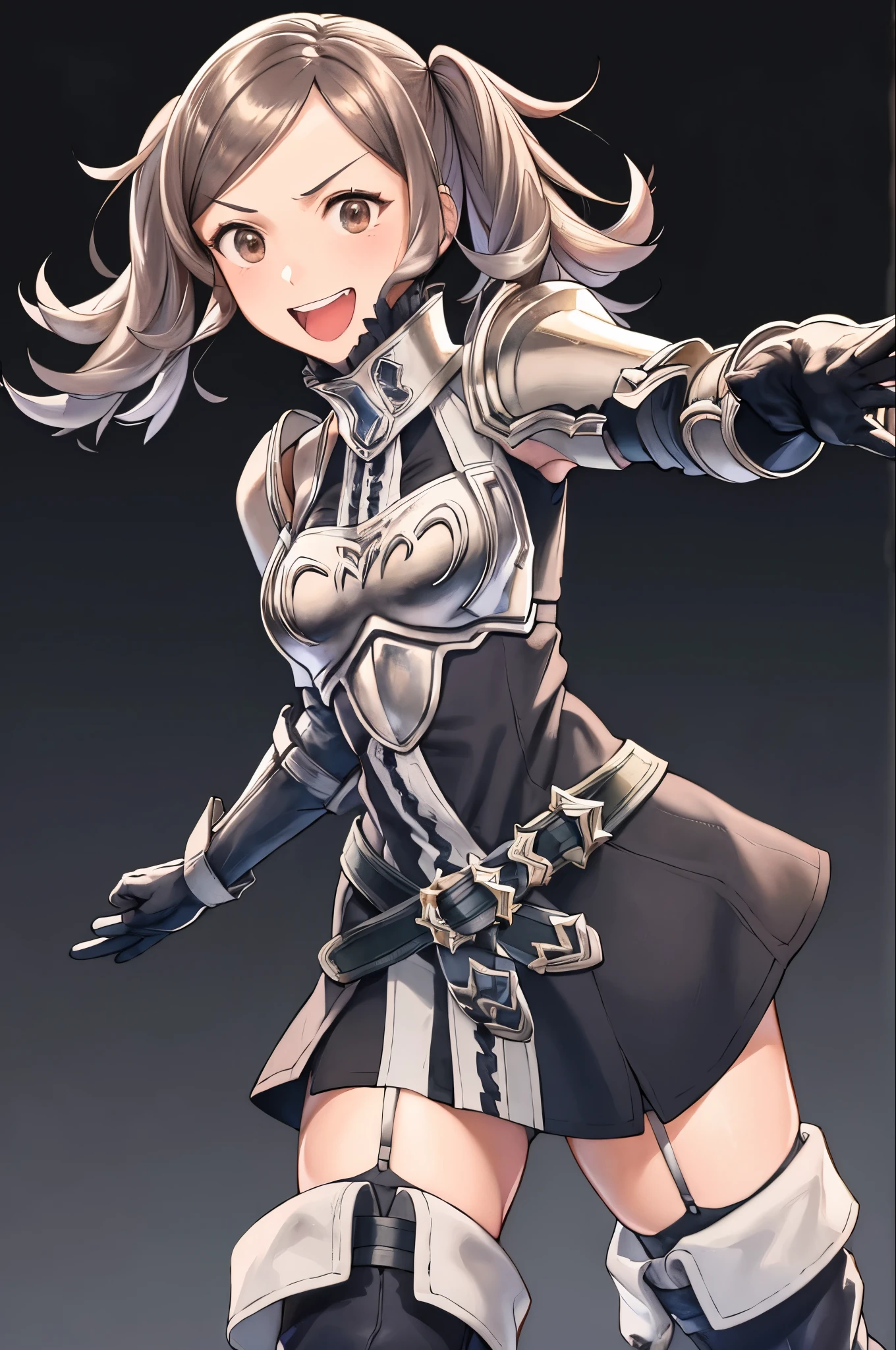 smile,open mouth,cynthia,outstretched hand,fighting stance, brown hair,twintails,thighhighs, gloves, armor, short dress, boots,thigh boots, dress,elbow gloves, zettai ryouiki,breastplate, shoulder armor, belt, garter straps, outdoorasterpiece, best quality, ultra-detailed, best shadow)