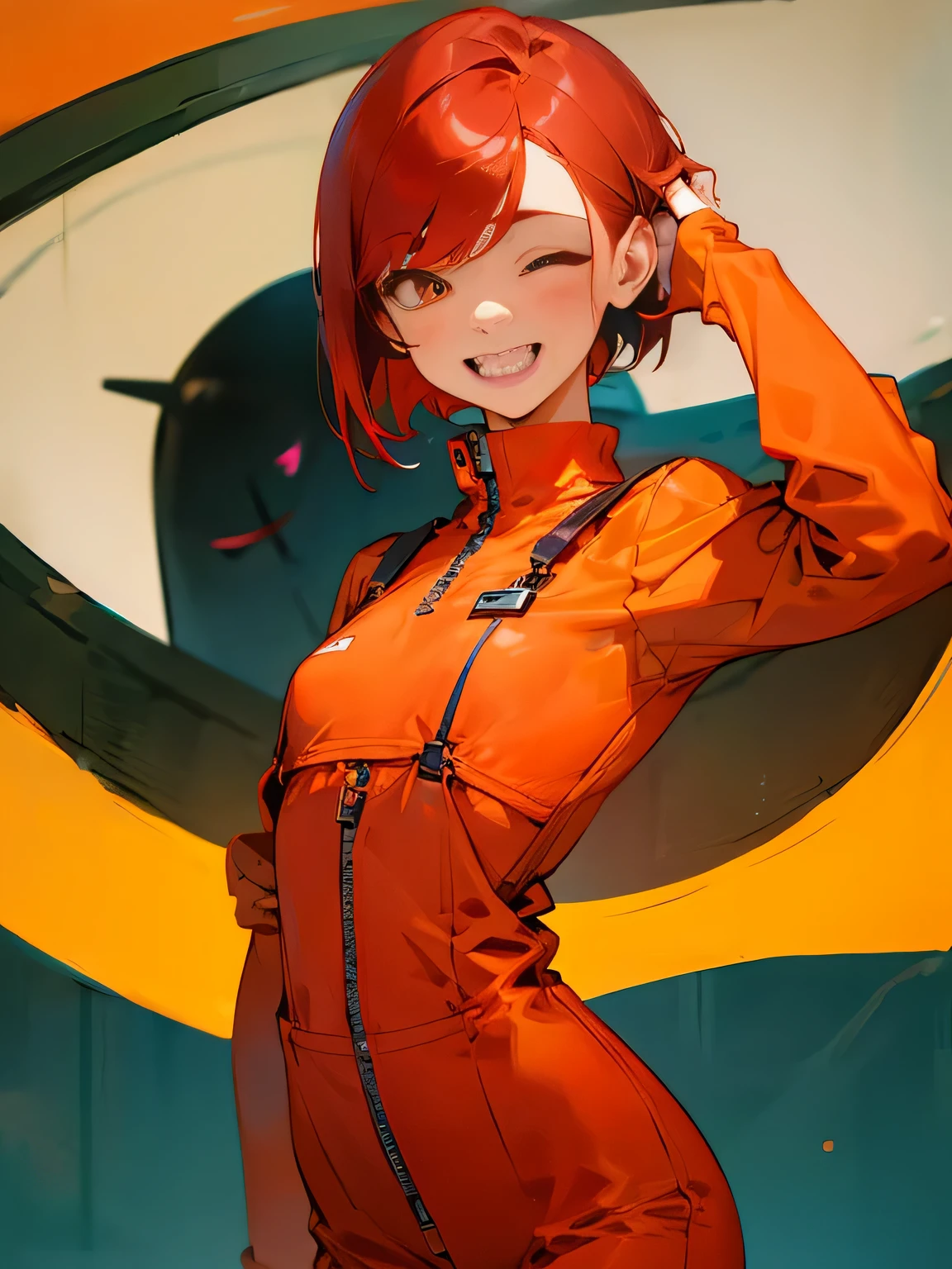 Slim type、small tits、cover one&#39;listen to your ears with both hands、Female Android、Red hair shortcuts、Woman in an orange jumpsuit、Laughing face、