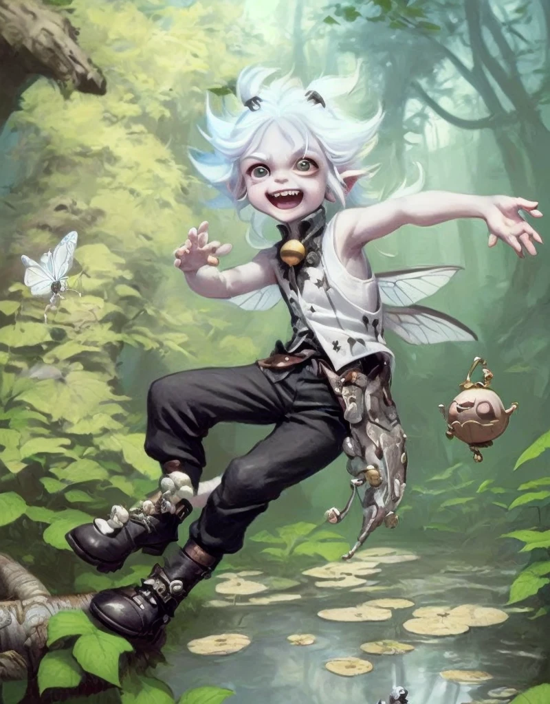 young imp child with white hair, insect antennae on his head, insect wings, white tail, black vest with bells, cheeky expression, long crazy hair, childlike, black pants and boots, pond in background, big eyes, (sunny day:1.25), laughing, gleeful, by justin gerard, short legs, bare arms, butterflies