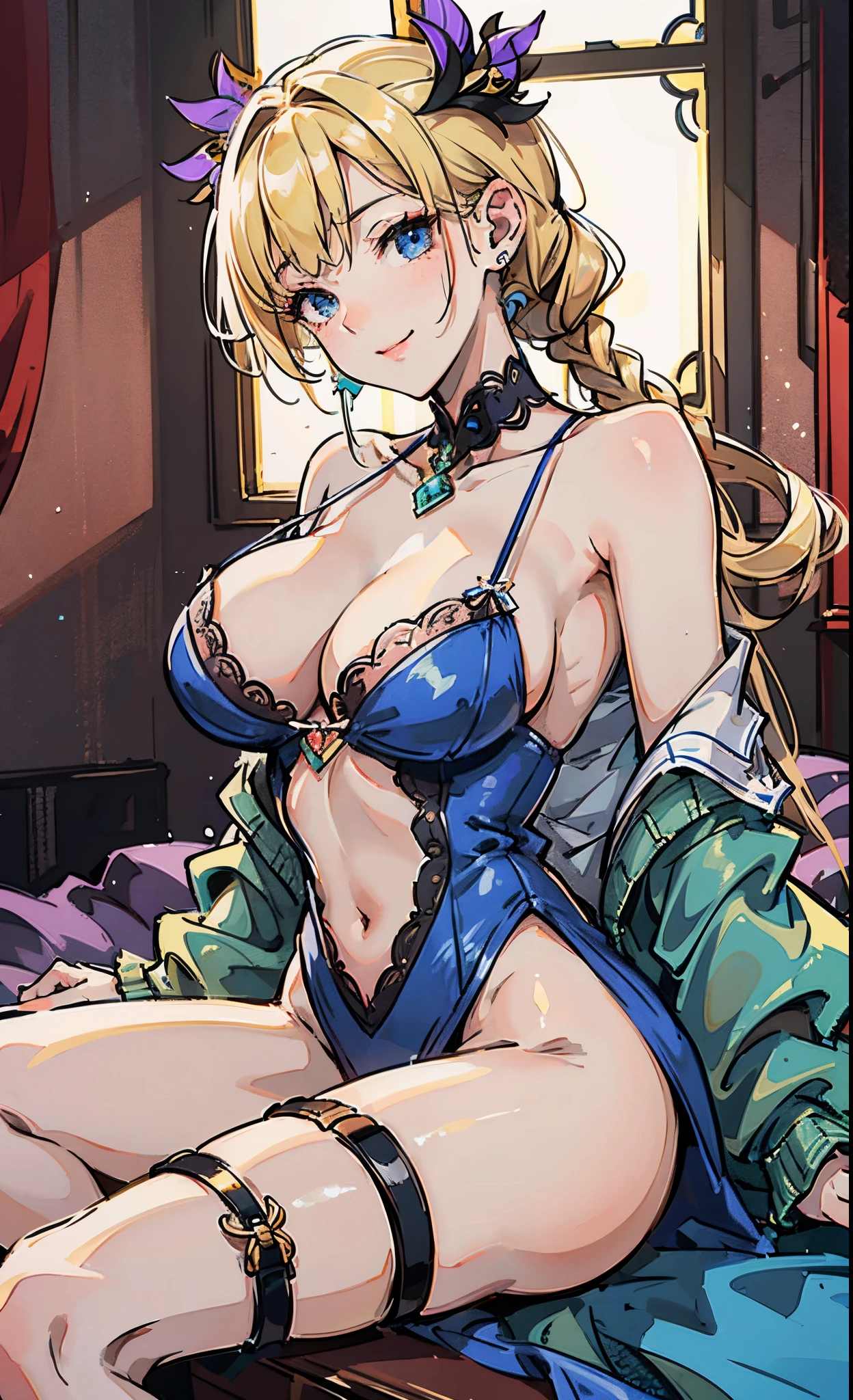 There is a woman in blue lingerie, Elsa Frozen, Lingerie with lace, captivating and attractive, torn clothes, seductive and powerful, lace lingerie, lover, sensuality, smile, very big discount, open legs, seductive lady, League of Love, Sitting BDSM , arms spread open, Legs Domination, With your back to the camera, only blonde version - --auto --s2