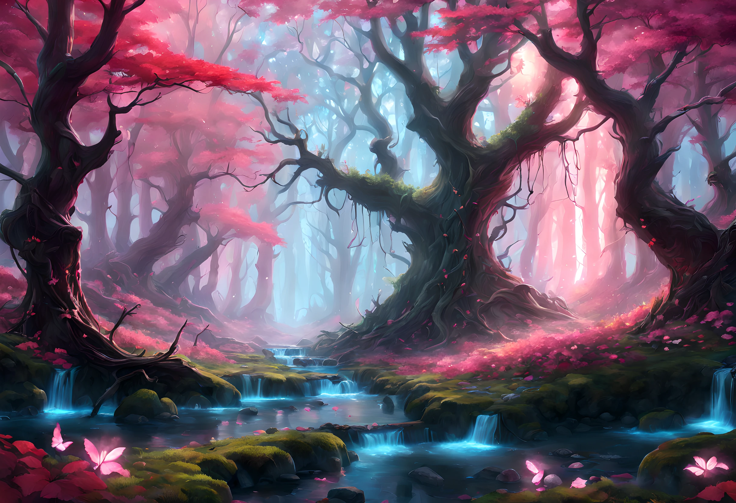 a picture of a magical forest clearing, drkfntasy a forest clearing, there are plenty of  colorful trees and flowers, the leaves glow in colors GlowingRunes_pink, the vines glow GlowingRunes_red, leaves glow,  GlowingRunesAI_paleblue a stream of water, sunset light, sun rays, DruidMagicAI, glowing butterfly, fantasy art, forest magic magv1ll, D&D art, RPG art, magical atmosphere magic-fantasy-forest, ultra best realistic, best details, best quality, 16k, [ultra detailed], masterpiece, best quality, (extremely detailed), ultra wide shot, photorealism, depth of field, hyper realistic painting, 3D render