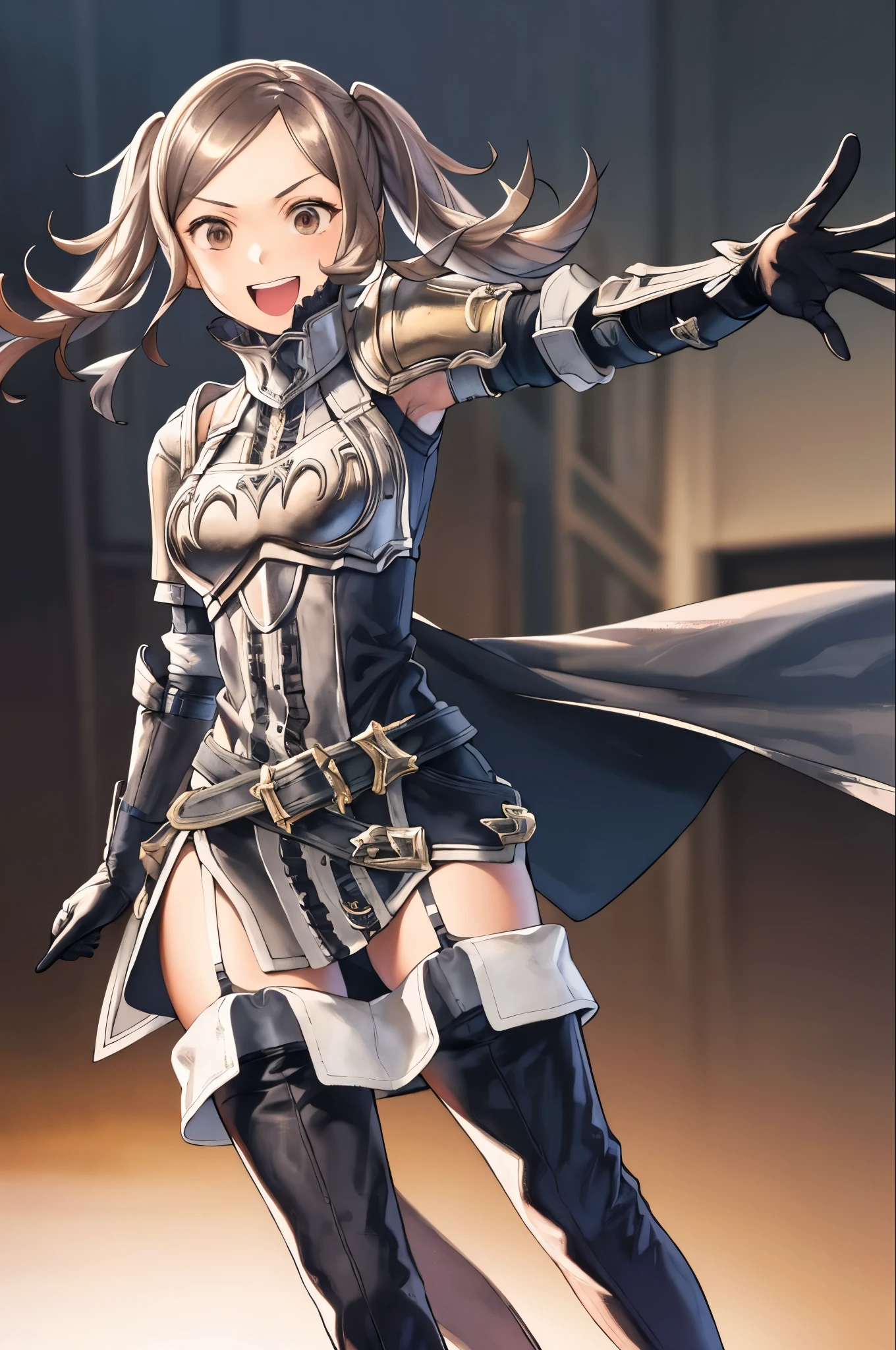 smile,open mouth,cynthia,outstretched hand,fighting stance, brown hair,twintails,thighhighs, gloves, armor, short dress, boots,thigh boots, dress,elbow gloves, zettai ryouiki,breastplate, shoulder armor, belt, garter straps, outdoorasterpiece, best quality, ultra-detailed, best shadow)