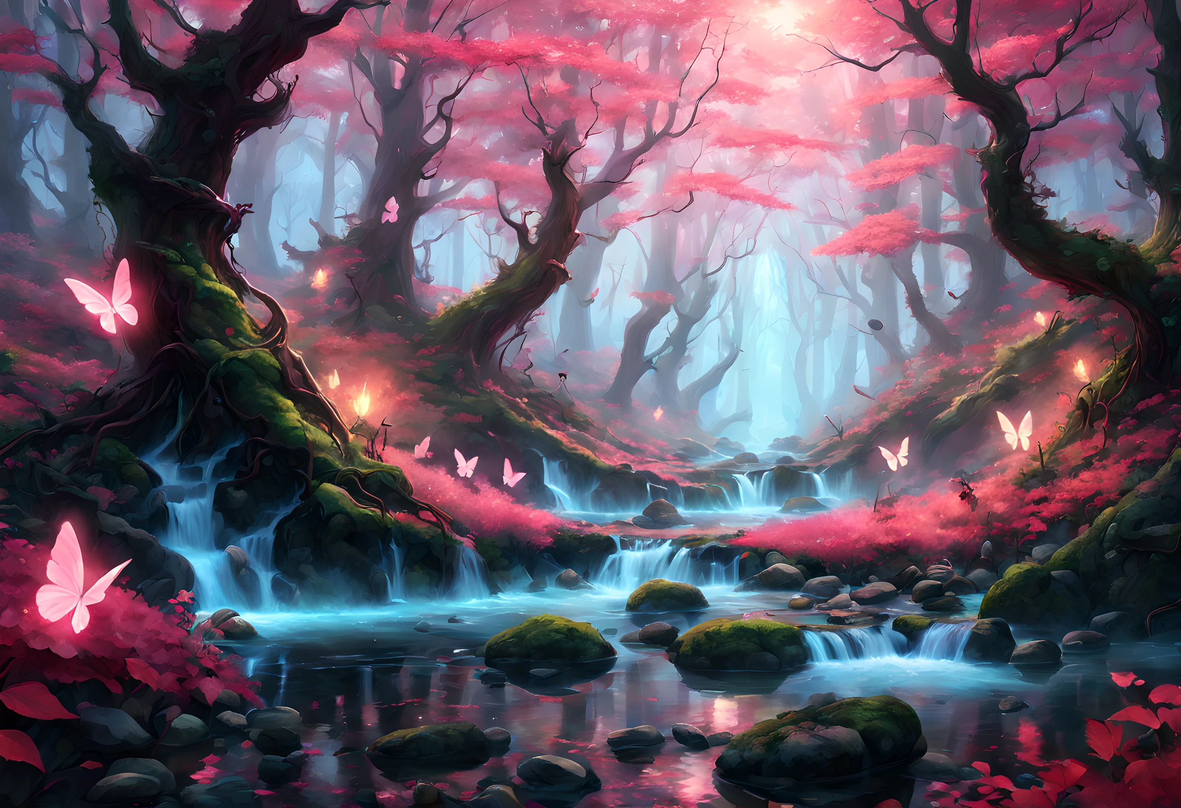 a picture of a magical forest clearing, drkfntasy a forest clearing, there are plenty of  colorful trees and flowers, the leaves glow in colors GlowingRunes_pink, the vines glow GlowingRunes_red, leaves glow,  GlowingRunesAI_paleblue a stream of water, sunset light, sun rays, DruidMagicAI, glowing butterfly, fantasy art, forest magic magv1ll, D&D art, RPG art, magical atmosphere magic-fantasy-forest, ultra best realistic, best details, best quality, 16k, [ultra detailed], masterpiece, best quality, (extremely detailed), ultra wide shot, photorealism, depth of field, hyper realistic painting, 3D render