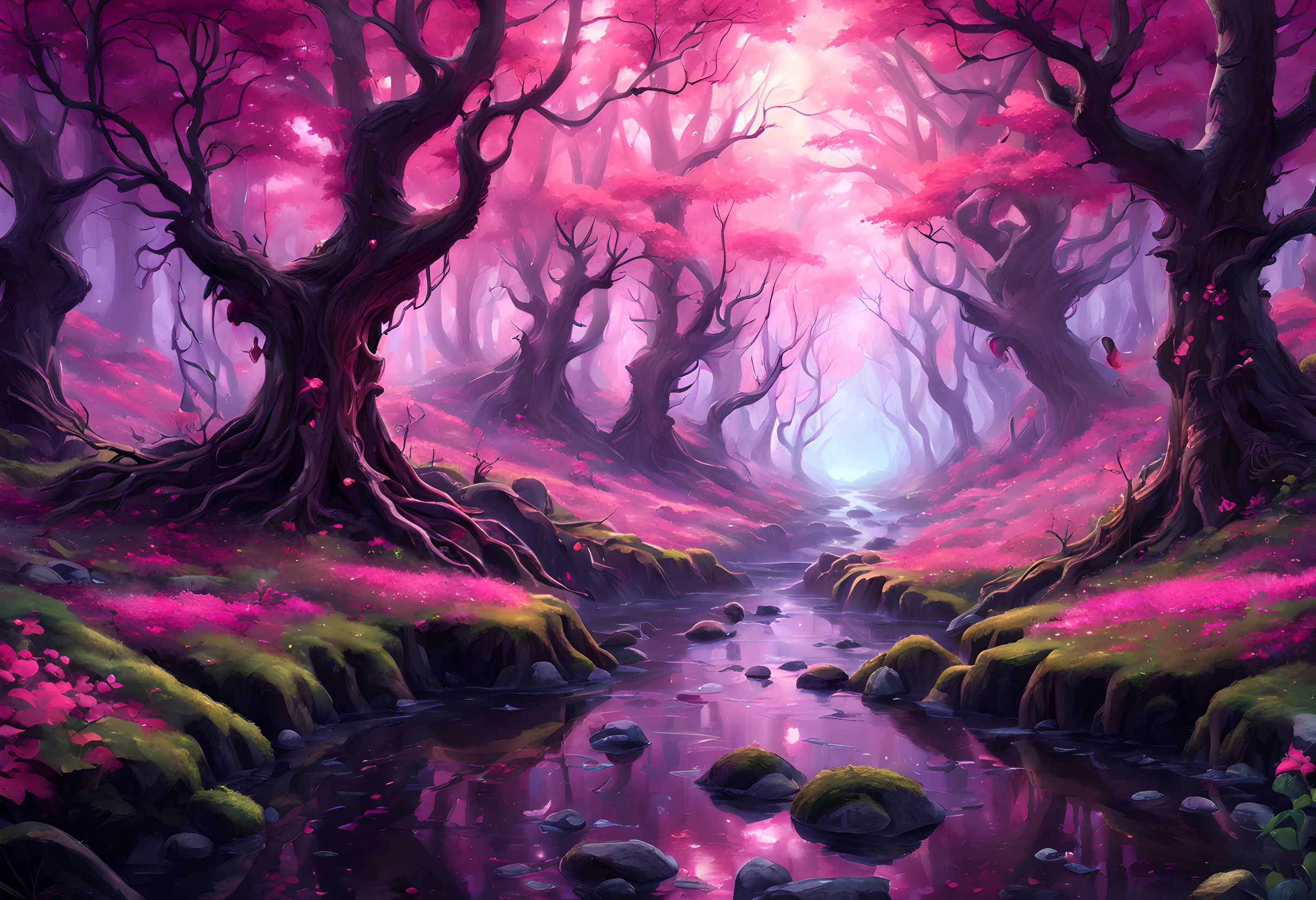 a picture of a magical forest clearing, drkfntasy a forest clearing, there are plenty of  colorful trees and flowers, the leaves glow in colors GlowingRunes_pink, the vines glow GlowingRunes_red, leaves glow,  GlowingRunesAI_purple a stream of water, sunset light, sun rays, DruidMagicAI, glowing butterfly, fantasy art, forest magic magv1ll, D&D art, RPG art, magical atmosphere magic-fantasy-forest, ultra best realistic, best details, best quality, 16k, [ultra detailed], masterpiece, best quality, (extremely detailed), ultra wide shot, photorealism, depth of field, hyper realistic painting, 3D render