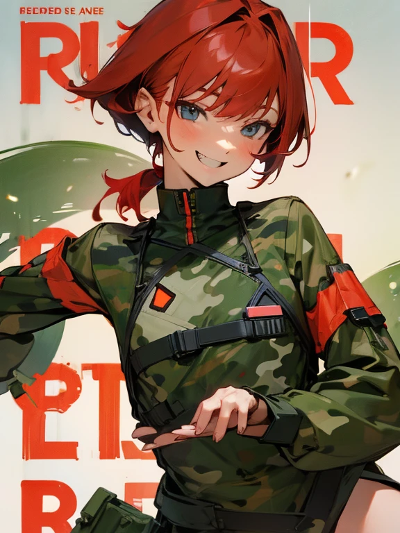 Slim type、small tits、cover one&#39;listen to your ears with both hands、Female Android、Red hair shortcuts、Woman in camouflage combat uniform、Laughing face、