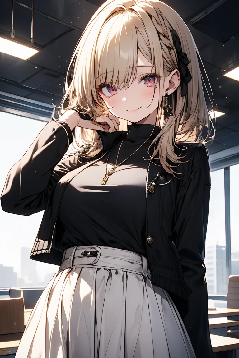(masterpiece、Highest quality、Very detailed))、One girl、((Brown skin:1.3))、Blonde、Long Hair、straighthair、((hair over one eye))、Grey Eyes、evil smile、((open mouth))、((tongue out))、((lots of piercing))、((Small breasts))、((White collared shirt))、necklace、Open chest、((Black pleated skirt))、((micro miniskirt))、Cowboy Shot、((B((night))、Alley Background