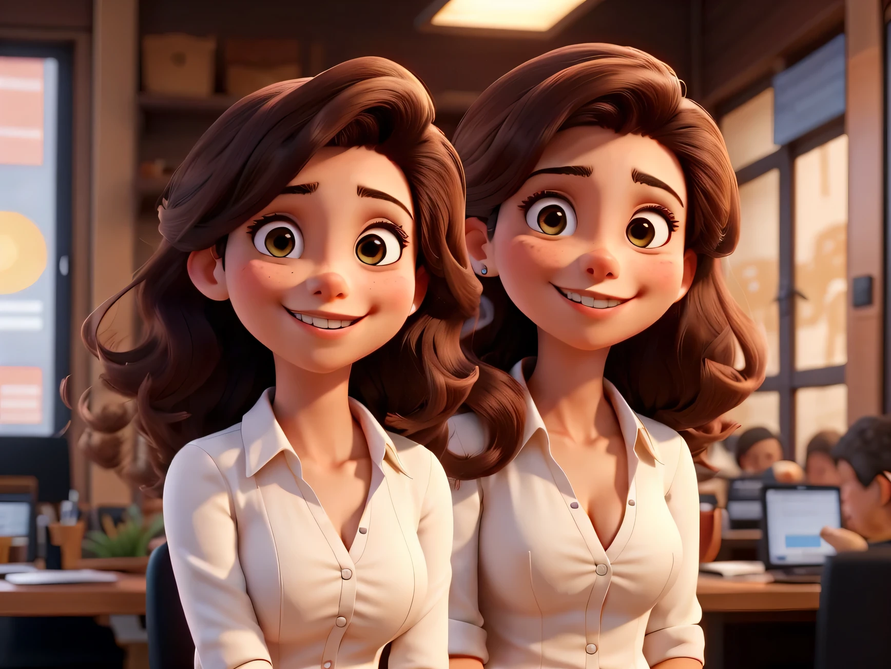 A young and successful Brazilian businesswoman. She's a young woman, por volta de seus 28 anos, de pele branca, cabelos lisos, compridos e castanhos que atingem os ombros, will be smiling, apresentando um produto.