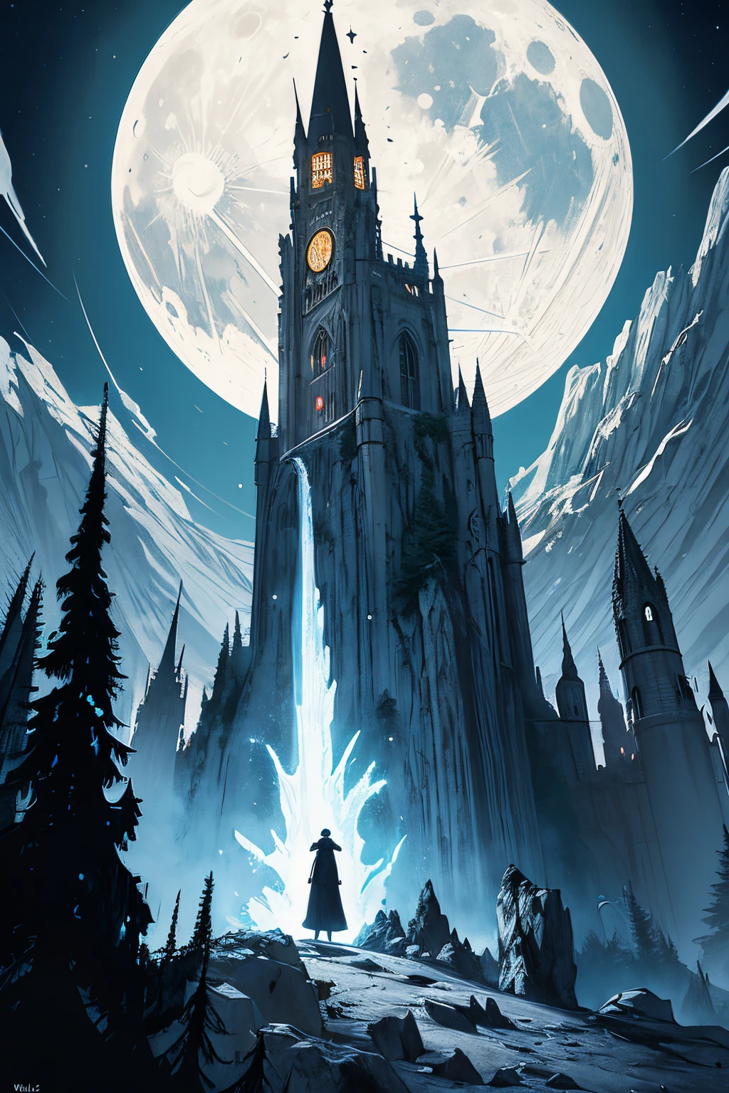 (Masterpiece, Best Quality), 8k Wallpaper, poster, Faust 1926, Germanic folklore, German expressionist,(tower on a rock with cave in a rock) forest on bottom, moon sky with white beam blast from moon to the tower, game design, (front view), (tarot design), DnD game, sketchy, night, close view, frontal, simple design, plane