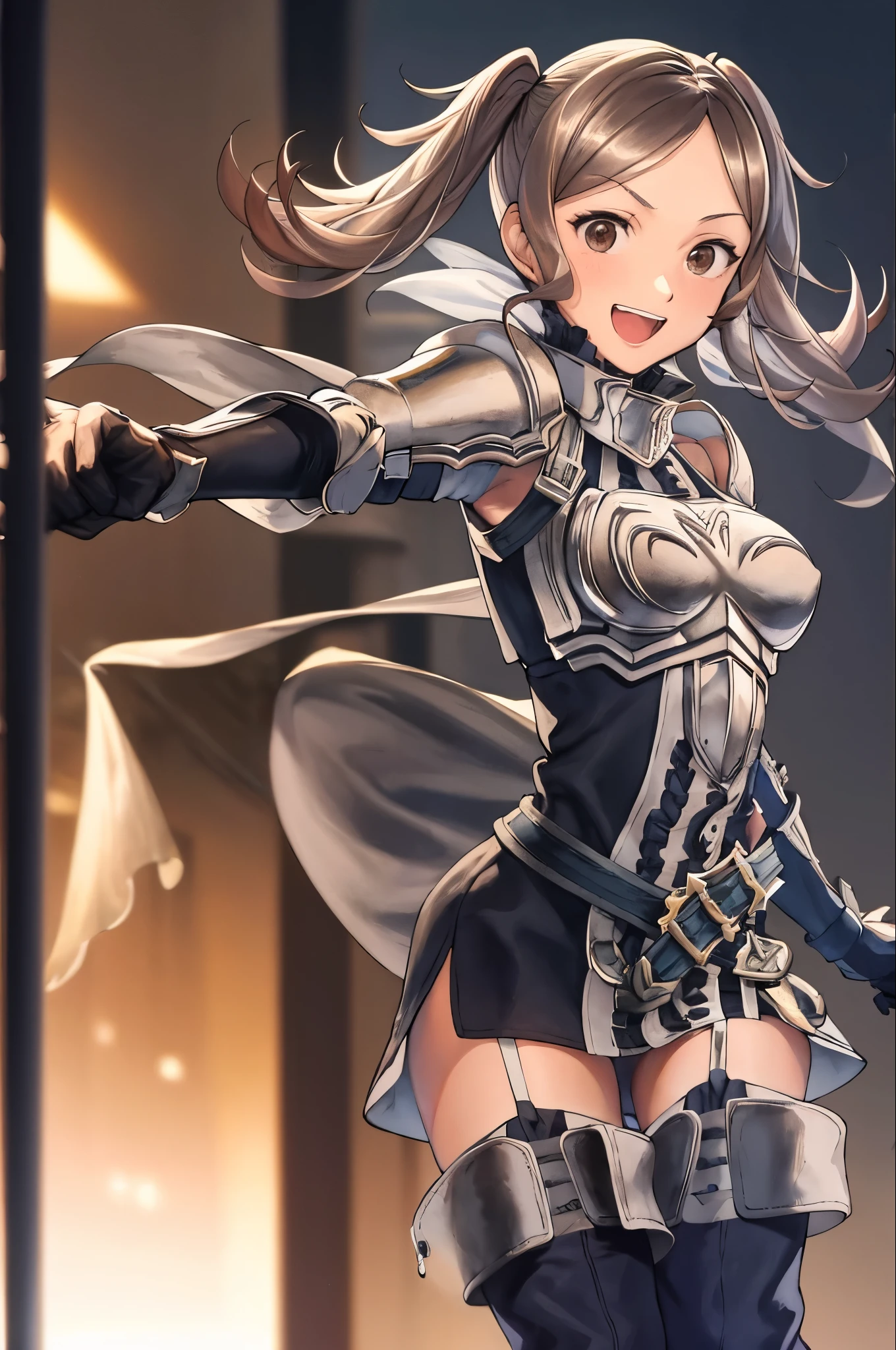 smile,open mouth,cynthia,outstretched hand,fighting stance, brown hair,twintails,thighhighs, gloves, armor, short dress, boots,thigh boots, dress,elbow gloves, zettai ryouiki,breastplate, shoulder armor, belt, garter straps, outdoorasterpiece, best quality, ultra-detailed, best shadow)