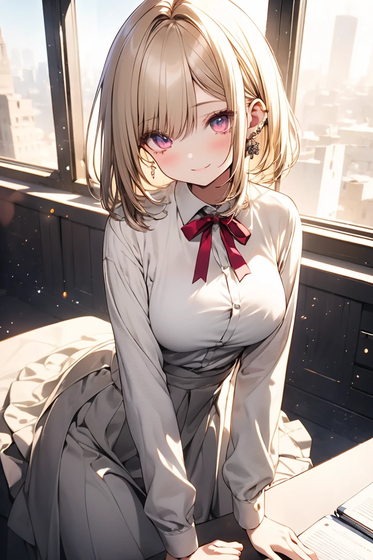 masterpiece, absurdres, best quality, ultra detailed, high Resolution, detailed illustration, extremely beautiful detailed face and eyes, bright colour, 1girl, (li), cute face, Delicate beautiful face, magenta eyes, cute eyes, sparkling eyes, big eyes, medium breasts, (perky breasts:1.1), (pointy breasts:1.1), medium hips, glamorous body, white skin, smile, BREAK, long bob cut, (blonde hair:0.8), messy hair, detailed hair, shiny hair, BREAK business jacket, sweater, long skirt, tiny ribbon, presentation, meeting room, real world, natural lights, perfect lighting,