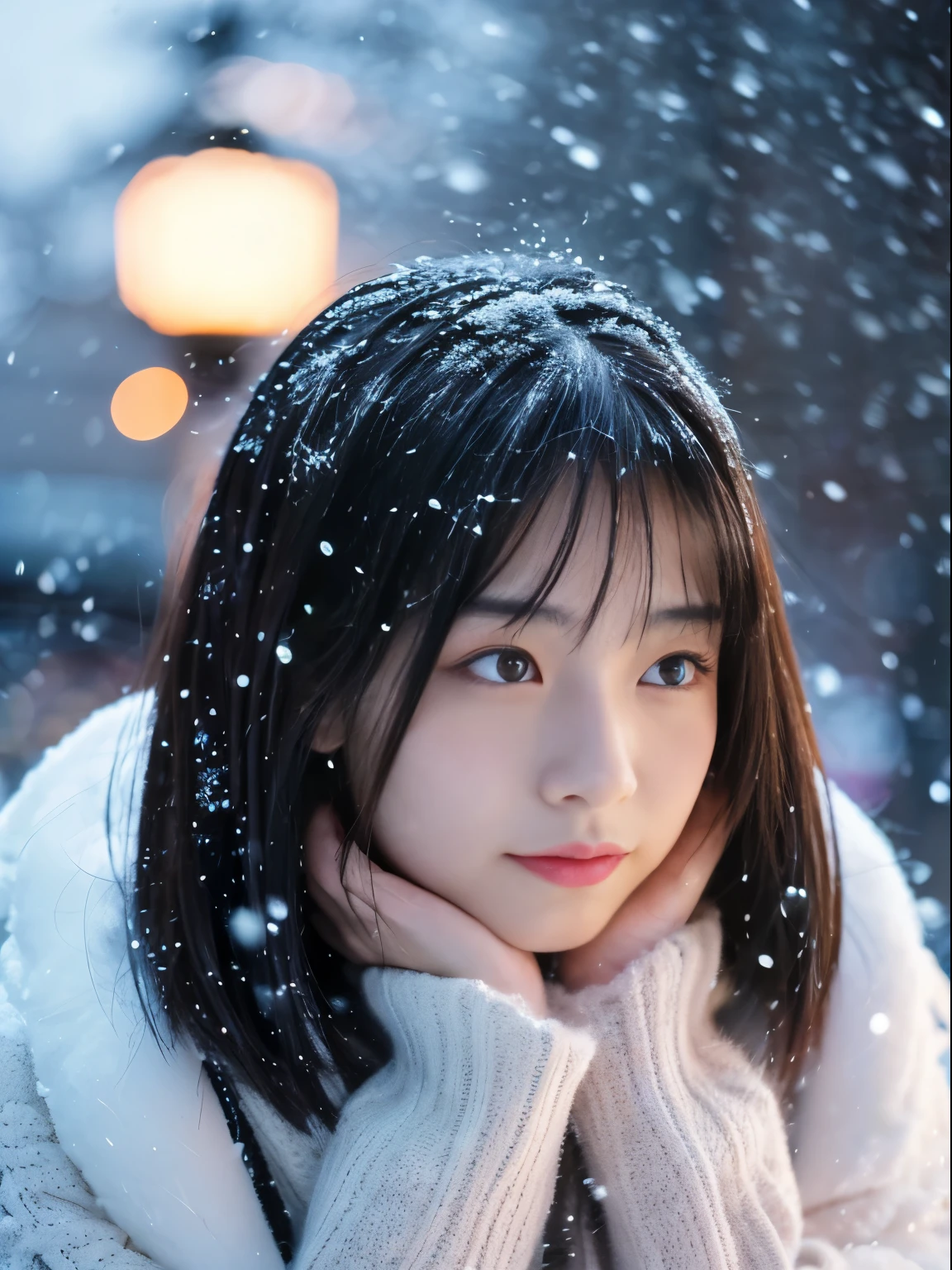 While watching the snow falling quietly. Her introspective and tearful expression、Makes you feel longing for winter nights and melancholy。。。。。、top-quality、hyper HD、奈良美智, Japanese Models, Beautiful Japan wife, With short hair, 27yo女性モデル, 4 k ], 4K], 27yo, sakimichan, sakimichan