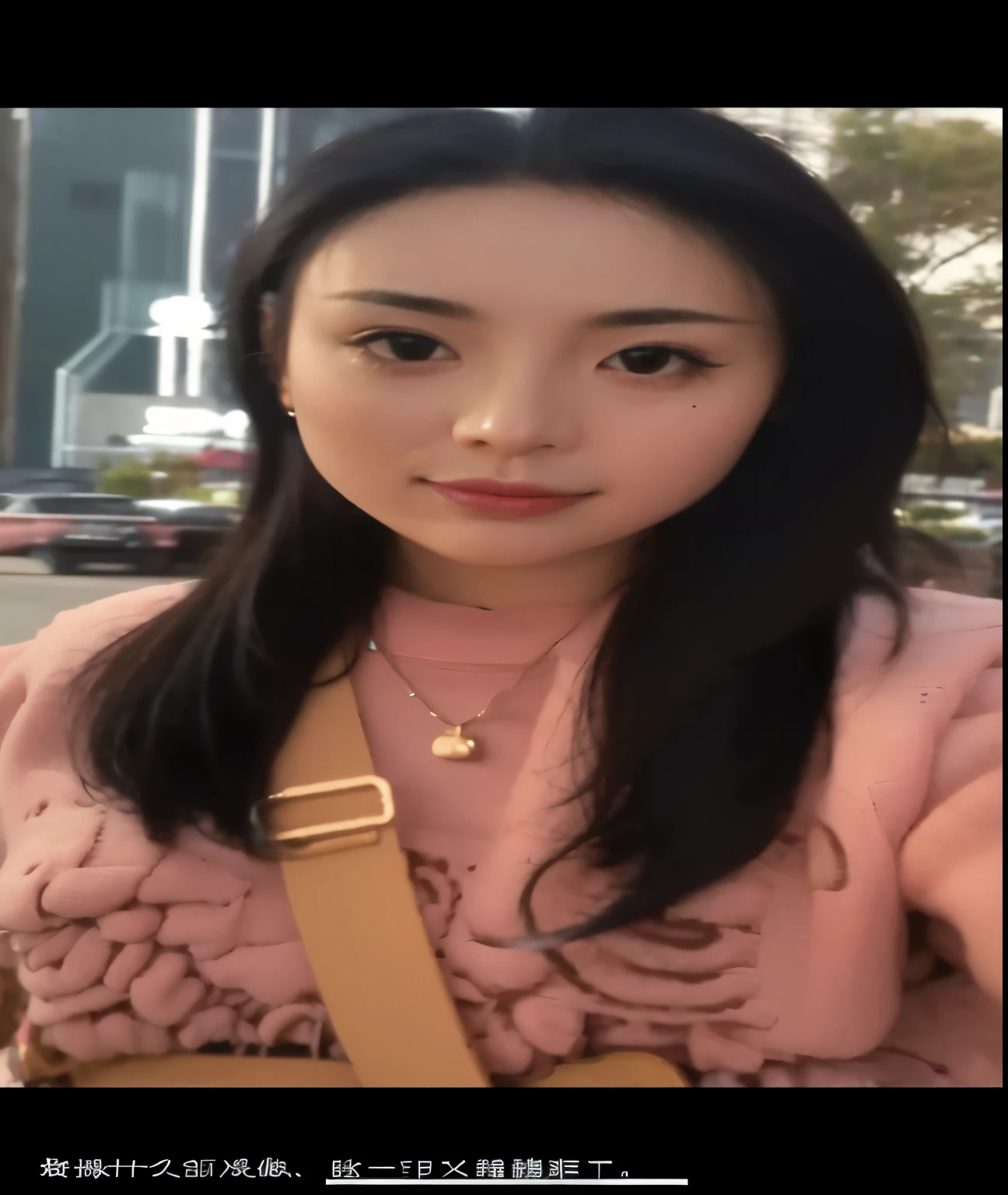 Close-up of a woman wearing a pink sweater and a brown bag, Pink sweater with bear pattern on it, Instagram, 29-year-old girl, ChineseGirl, she has a cute face, Long black hair, Young and cute asian face, xintong chen, Ruan cute vtuber, young and cute girl, gorgeous chinese models