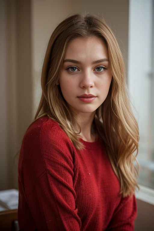 Extremely realistic Russian girl with blonde hair and blue eyes, wearing a red jumper, entire upper body, not portrait