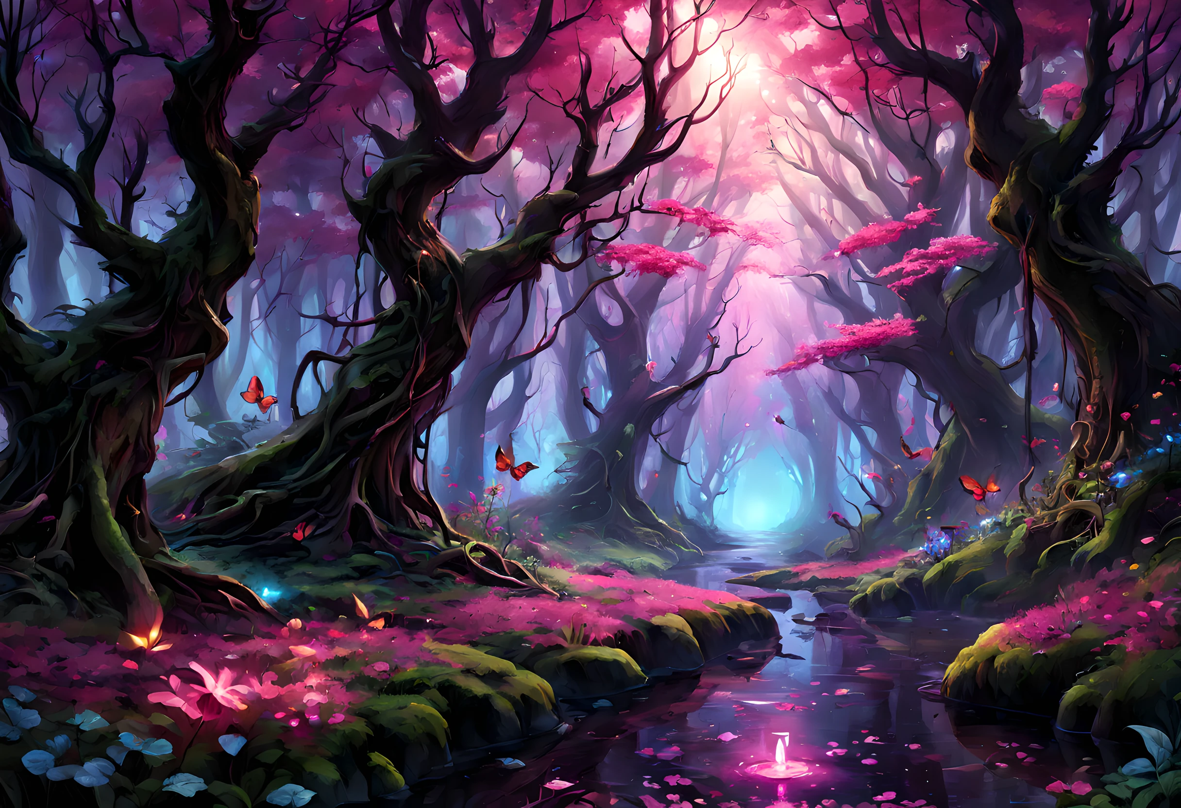 a picture of a magical forest clearing, drkfntasy a forest clearing, there are plenty of  colorful trees and flowers, the leaves glow in colors GlowingRunes_pink, the vines glow GlowingRunes_red, leaves glow,  GlowingRunesAI_purple a stream of water, sunset light, sun rays, DruidMagicAI, glowing butterfly, fantasy art, forest magic magv1ll, D&D art, RPG art, magical atmosphere magic-fantasy-forest, ultra best realistic, best details, best quality, 16k, [ultra detailed], masterpiece, best quality, (extremely detailed), ultra wide shot, photorealism, depth of field, hyper realistic painting, 3D render