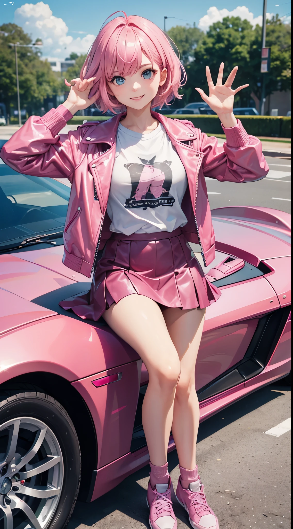 master piece,best quality, Solo lady,24 year old, beautiful eyes,cute, sitting, pink leather jacket, T-shirt, pink color tight skirt, shy smile, pink color hair, short hair, flipped hair, waving in a strong wind hair, driving a pink sports car