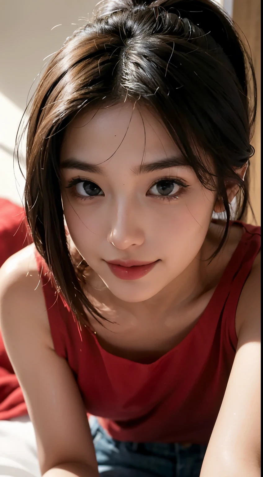 masutepiece, The highest image quality, High quality, the background is clear,Beautiful woman, Japanese, Detailed, Detailed eyes, Detailed skin, Beautiful skin, 超hight resolution, (reality: 1.4),Very beautiful woman, Slightly younger face, Beautiful skin, slender, (Ultra photo realsisim), (hight resolution), (8K), (Very detailed) (beautifully detailed eyes), (super detailed), Best is pants, (Detailed face), view the viewer, Fine details, Detailed face, Smiling, Staring straight ahead, Staring straight ahead, angle from waist up, photos realistic, Bright lighting, Professional Lighting, Black hair, ,poneyTail,a baby face,sixteen years old,on the beds,throw a christmas party,Wearing clothes based on red,Revealing clothing