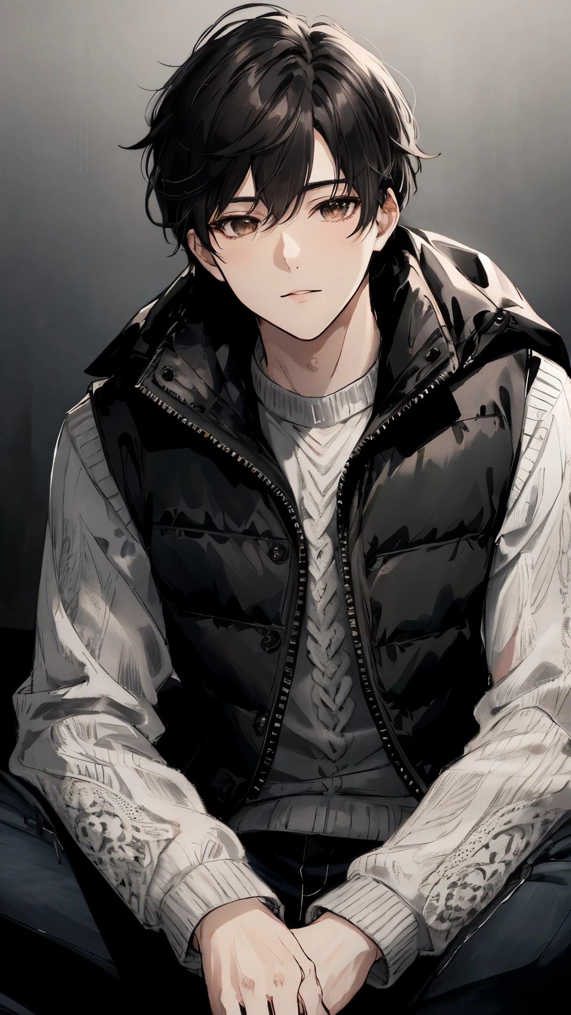 Young male, dark Brown eyes,black hair, clear skin, black down vest, white textured sweater, black jeans, seated posture, slightly low angle, looking at the camera, subtle makeup, put your hands on your knees, natural light on face, background is dark gray,high quality, amount of drawing, pixiv illustration