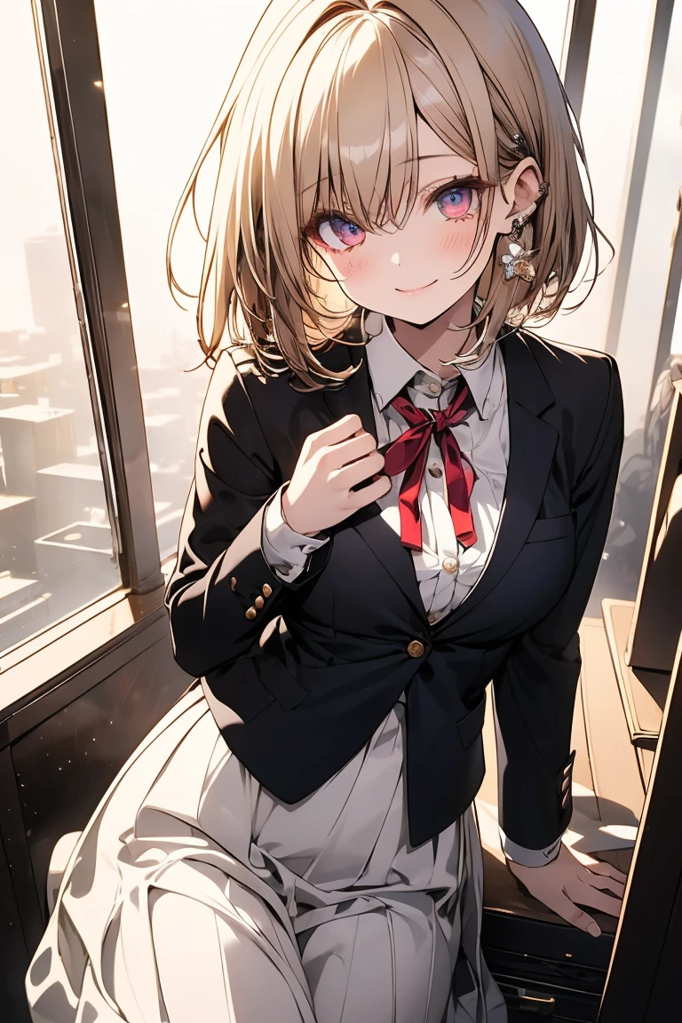 masterpiece, absurdres, best quality, ultra detailed, high Resolution, detailed illustration, extremely beautiful detailed face and eyes, bright colour, 1girl, (loli), cute face, Delicate beautiful face, magenta eyes, cute eyes, sparkling eyes, big eyes, medium breasts, (perky breasts:1.1), (pointy breasts:1.1), medium hips, glamorous body, white skin, smile, BREAK, long bob cut, (blonde hair:0.8), messy hair, detailed hair, shiny hair, BREAK business jacket, sweater, long skirt, tiny ribbon, presentation, meeting room, real world, natural lights, perfect lighting,