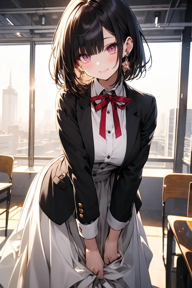 masterpiece, absurdres, best quality, ultra detailed, high Resolution, detailed illustration, extremely beautiful detailed face and eyes, bright colour, 1girl, (loli), cute face, Delicate beautiful face, magenta eyes, cute eyes, sparkling eyes, big eyes, medium breasts, (perky breasts:1.1), (pointy breasts:1.1), medium hips, glamorous body, white skin, smile, BREAK, long bob cut, (blonde hair:0.8), messy hair, detailed hair, shiny hair, BREAK business jacket, sweater, long skirt, tiny ribbon, presentation, meeting room, real world, natural lights, perfect lighting,