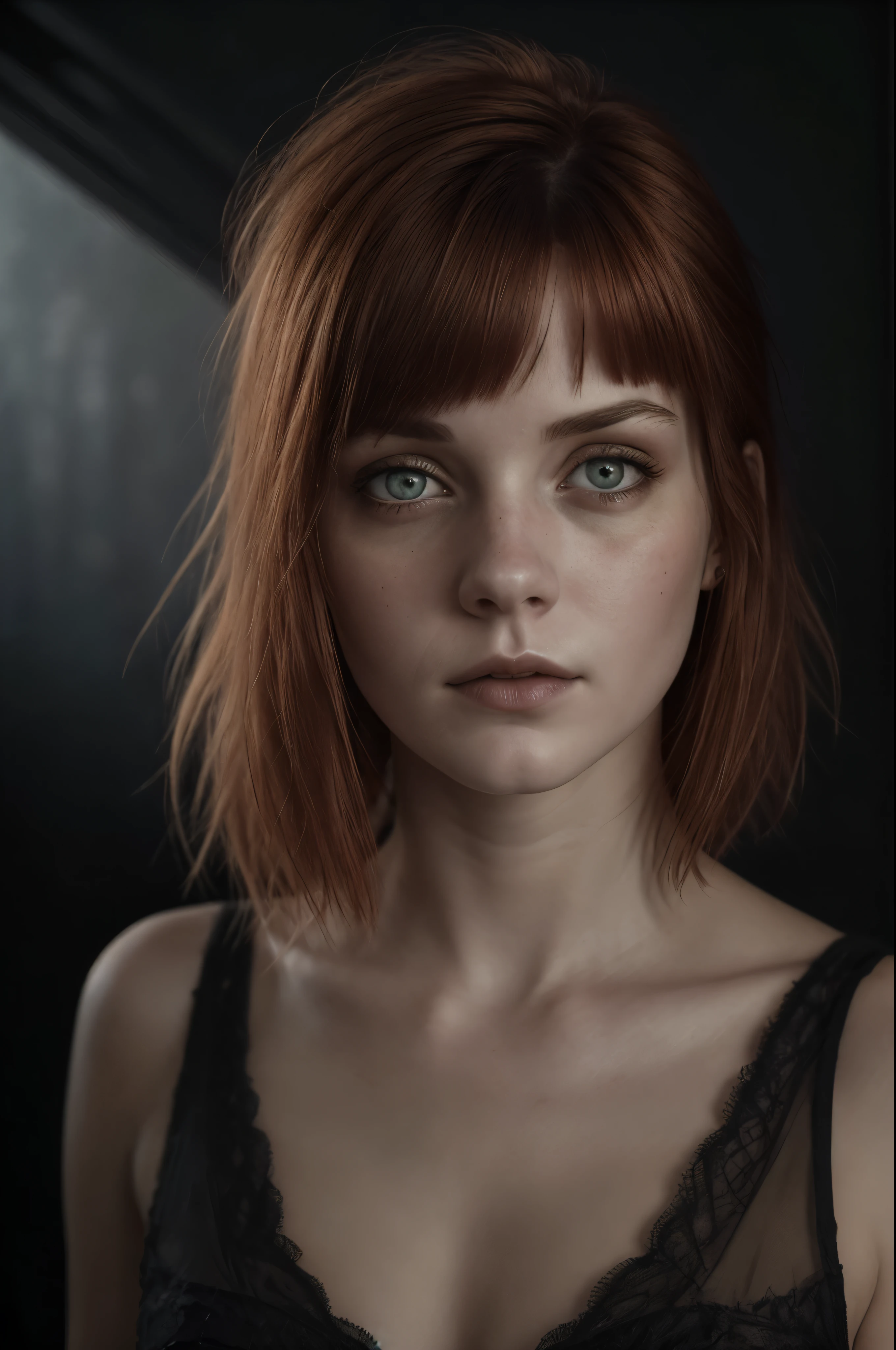 (realisti:1.2), Analog Photography Style, cute woman with short hair and red bangs, red eyes, (gloomy and dark atmosphere), soft natural lighting, Faded colors, Sexy, request, great quality, Masterpiece, Detailed fantasy backstory, Better Performance, 16k quality, HDR, RAW photo