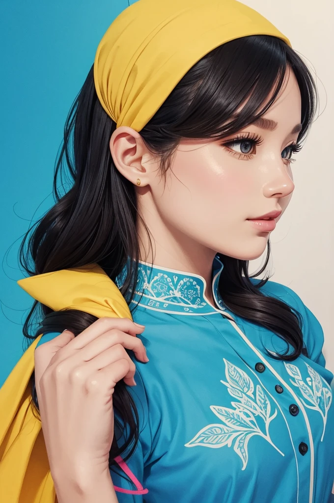Bright colors, beautiful style, high-quality illustrations, female chin holding hand position, elegant drawing, detailed illustration of clothing and facial features.