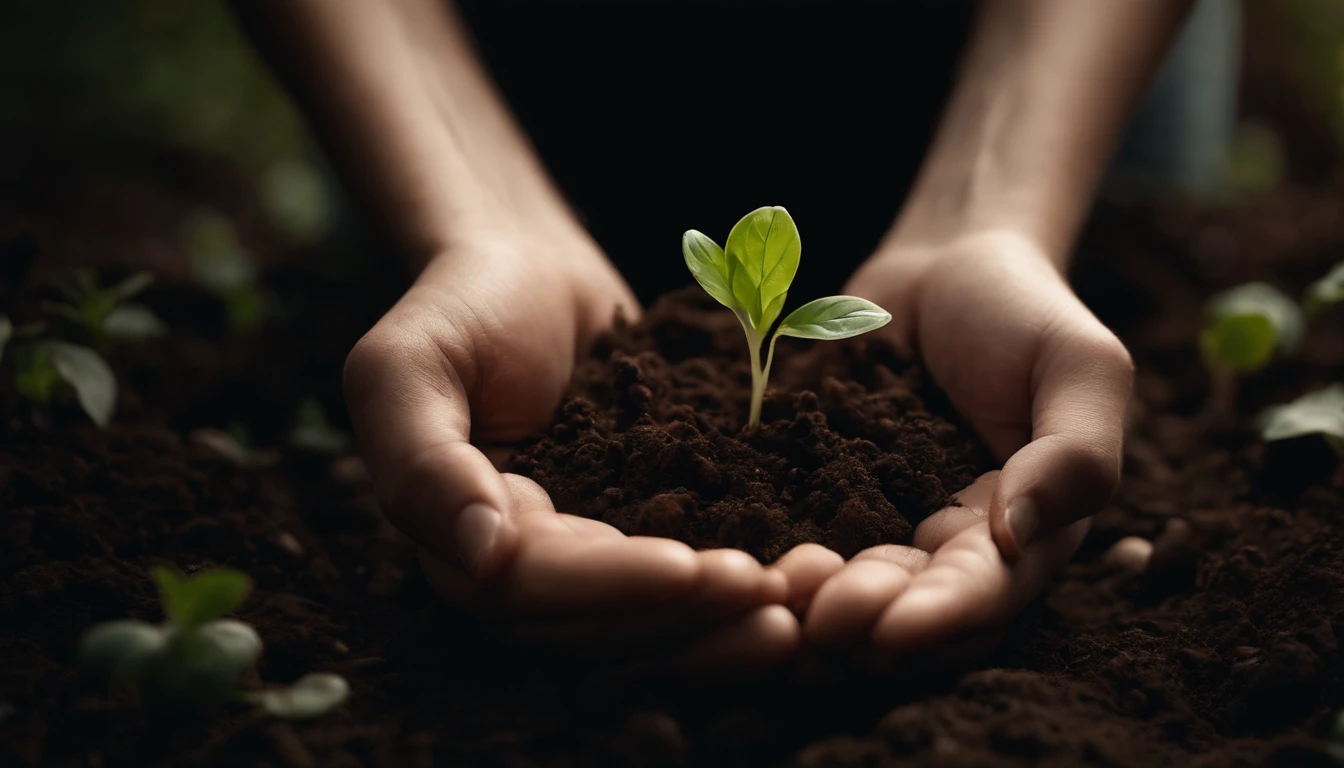 A high-resolution image showcasing a close-up of hands cradling the soil with a delicate sprout emerging from it, symbolizing the nurturing and growth of nature through human care