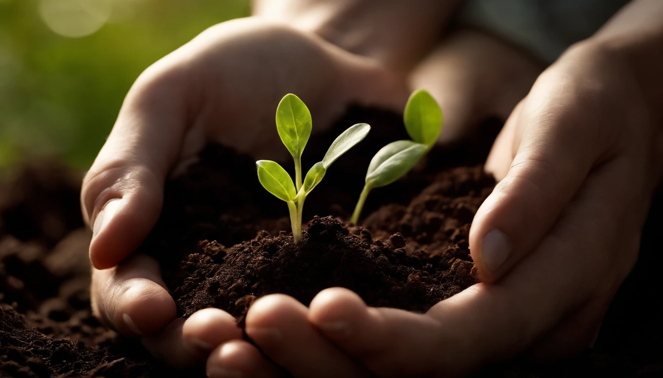 A high-resolution image showcasing a close-up of hands cradling the soil with a delicate sprout emerging from it, symbolizing the nurturing and growth of nature through human care