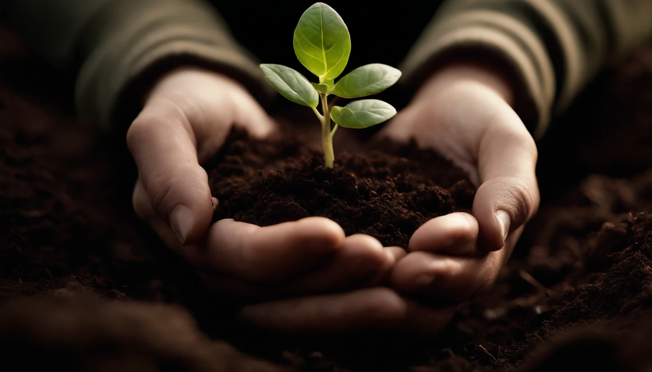 A high-resolution image showcasing a close-up of hands cradling the soil with a delicate sprout emerging from it, symbolizing the nurturing and growth of nature through human care
