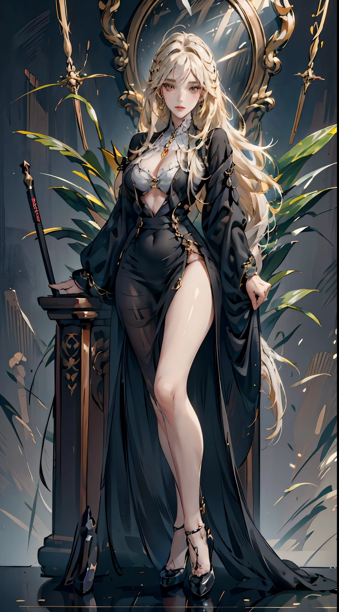 young girl, long gray hair, elf ears, Green eyes, smirk, tattoo, naked, nipples, Sitting on a throne, legs crossed, Masterpiece, hiquality, 4k, HD, Good detail