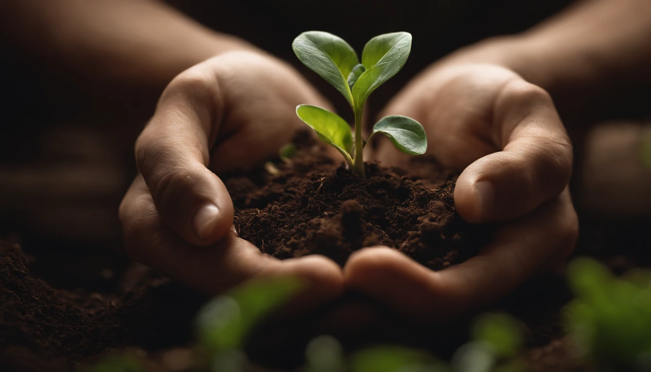 An aesthetic wallpaper featuring a detailed composition of hands gently holding the soil with a vibrant and healthy sprout, surrounded by lush greenery, representing the beauty and vitality of nature.