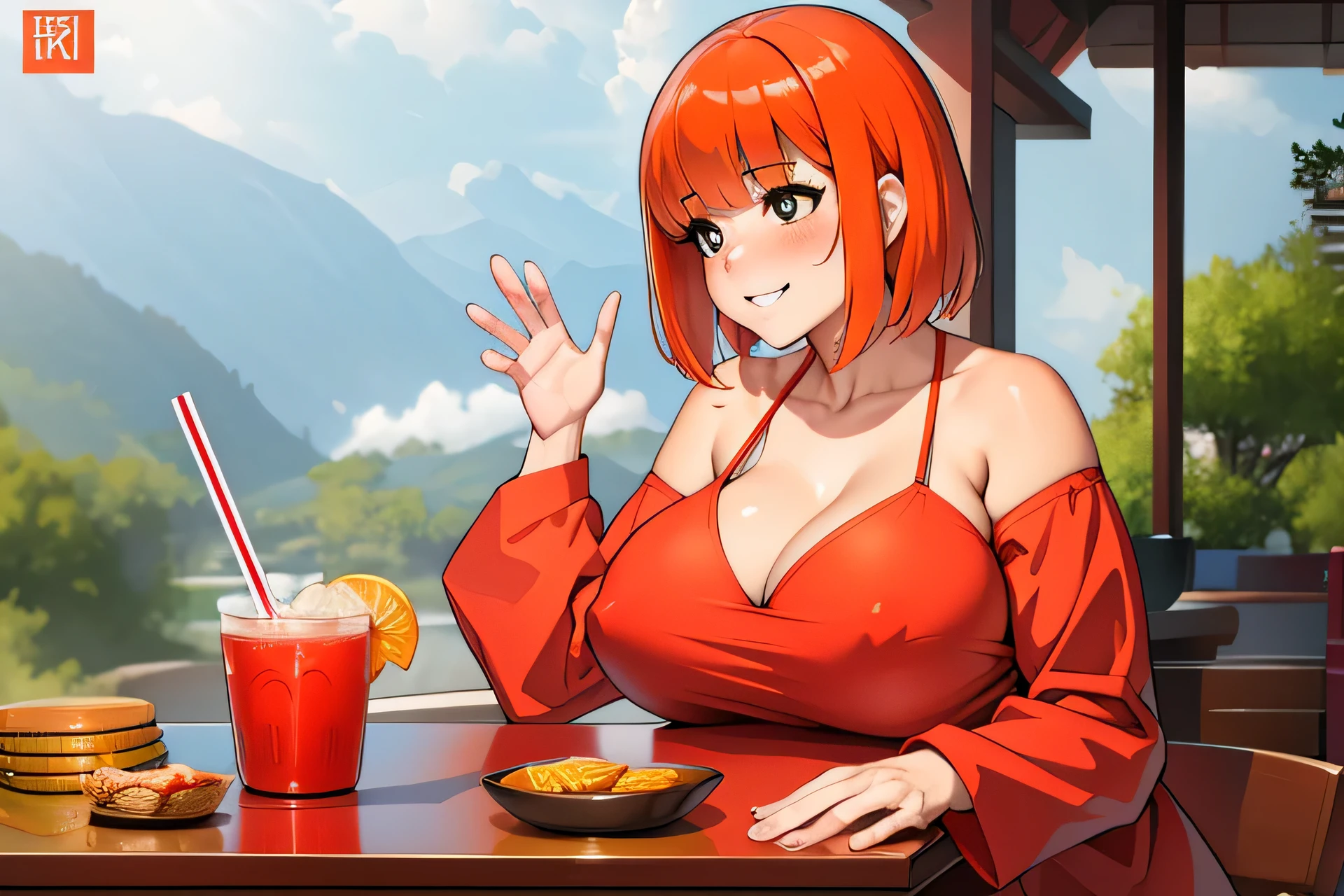 (8k uhd, masterpiece, best quality, high quality, absurdres, ultra-detailed,detailed face,detailed background),perfect lighting, 1girl,(solo:1.2), McGingerMom,orange hair,huge breasts,nipples,bobcut,(black eyes:1.25), white pupils,fucked silly,  from behind, 1boy,blushing ,eating semen,(drinking cum:1.1) cum stains,cumflood,bukkake,cum, red bowl filled with semen, gokkun,drinking straw, drinking, ((anime))