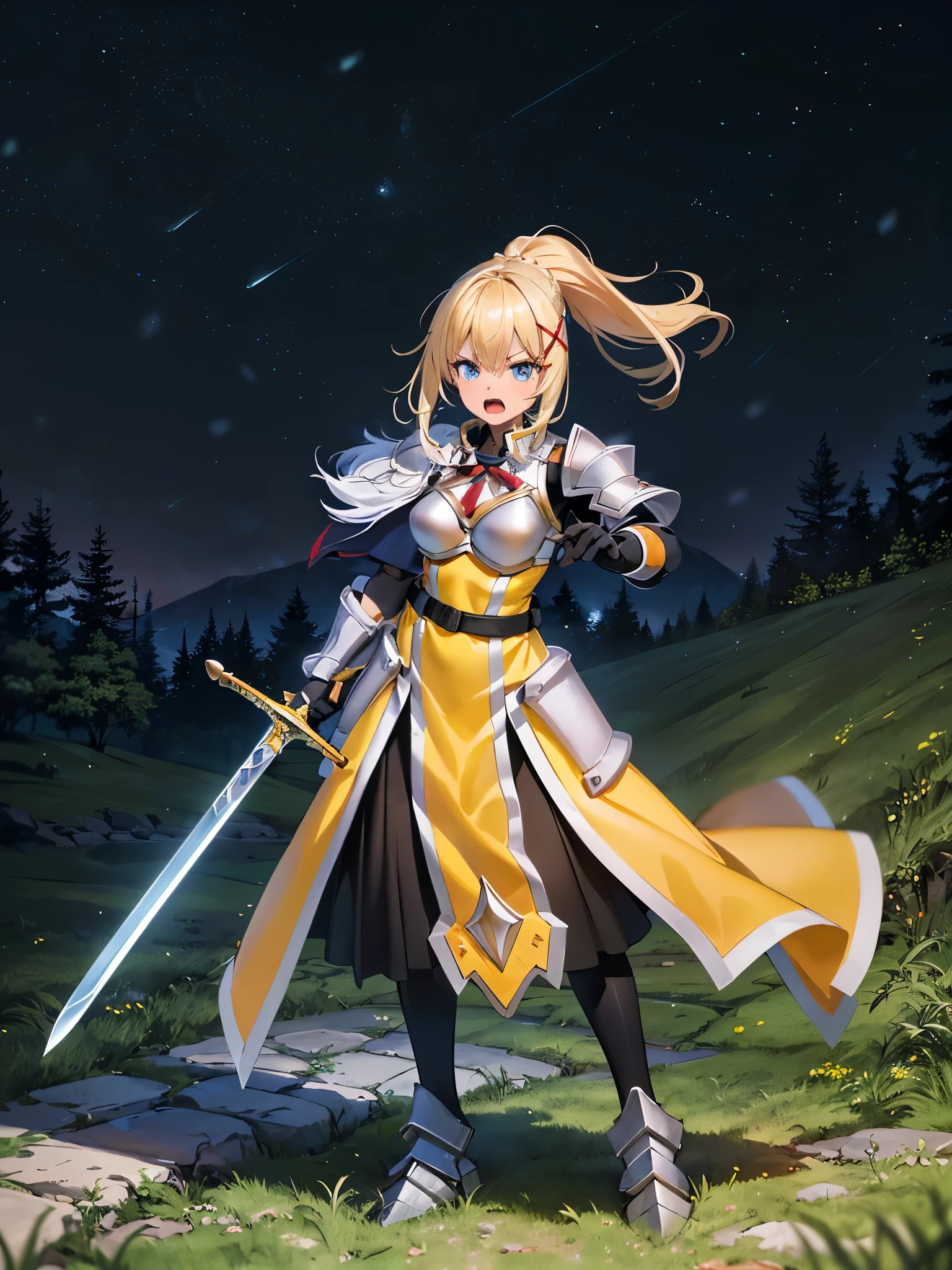 (in 8K, Raw photography, Best Quality, masutepiece: 1.2), high-definition RAW color photography, Professional Photography, Cinematic Light, (animesque:1.2), (1womanl), a blond, ((ksdarkness, ponytail, x hair ornament, armor, shoulder armor, bodysuit, black gloves, Yellow dress, Black long skirt)), (Detailed facial expressions), huge tit, slenderbody, ((Rugged look, Screaming:1.1)), (((With a longsword, Set up in the middle)))，((FULL BODYSHOT)), ((cobblestone road, grass field)), Realistic, Highly detailed, Photography, masutepiece, High quality, High quality, hight resolution, Professional Lighting,