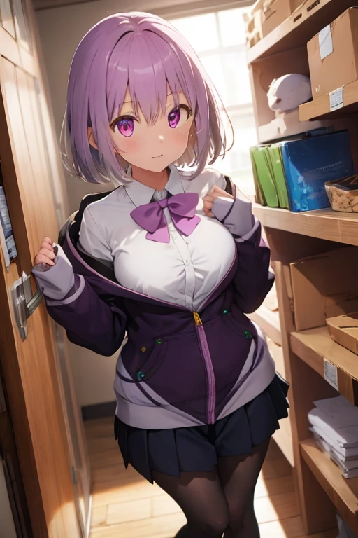 akaneshinjou, shinjou akane, light purple hair, (pink eyes:1.2), short hair,
BREAK black pantyhose, bow, collared shirt, hood, hooded jacket, jacket, open clothes, open jacket, open shirt, pantyhose, purple bow, purple jacket, school uniform, shirt, sleeves past wrists, unbuttoned shirt, white shirt,
BREAK indoors, city,
BREAK looking at viewer, BREAK (masterpiece:1.2), best quality, high resolution, unity 8k wallpaper, (illustration:0.8), (beautiful detailed eyes:1.6), extremely detailed face, perfect lighting, extremely detailed CG, (perfect hands, perfect anatomy),