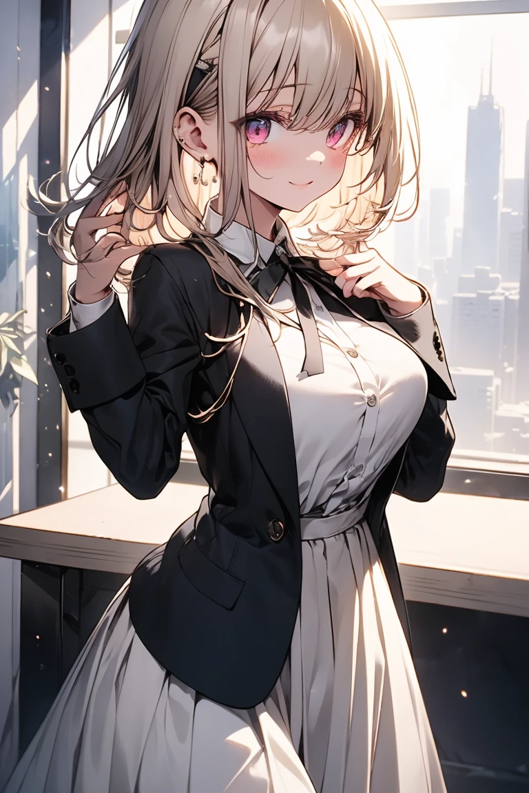 masterpiece, absurdres, best quality, ultra detailed, high Resolution, detailed illustration, extremely beautiful detailed face and eyes, bright colour, 1girl, (loli), cute face, Delicate beautiful face, magenta eyes, cute eyes, sparkling eyes, big eyes, medium breasts, (perky breasts:1.1), (pointy breasts:1.1), medium hips, glamorous body, white skin, smile, BREAK, long bob cut, (blonde hair:0.8), messy hair, detailed hair, shiny hair, BREAK business jacket, sweater, long skirt, tiny ribbon, presentation, meeting room, real world, natural lights, perfect lighting,