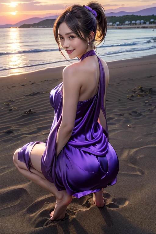 masutepiece, Best Quality, 23years old,Ultra-detailed, finely detail, hight resolution, 8K Wallpaper, Perfect dynamic composition, Natural Color Lip,(wearing a short silk purple dress:1.5),(Ponytail:1.3),(Don't show your face:2.0),drawn action: (girls have to squat,barefoot on the sand:1.3),I want to convey the lonely atmosphere,(Silk Purple Dress:1.4)20 years girl,(Full body:1.3),Shot from behind,Enjoy the sunset,NSFW,put your hands on your head,Looking back and smiling,