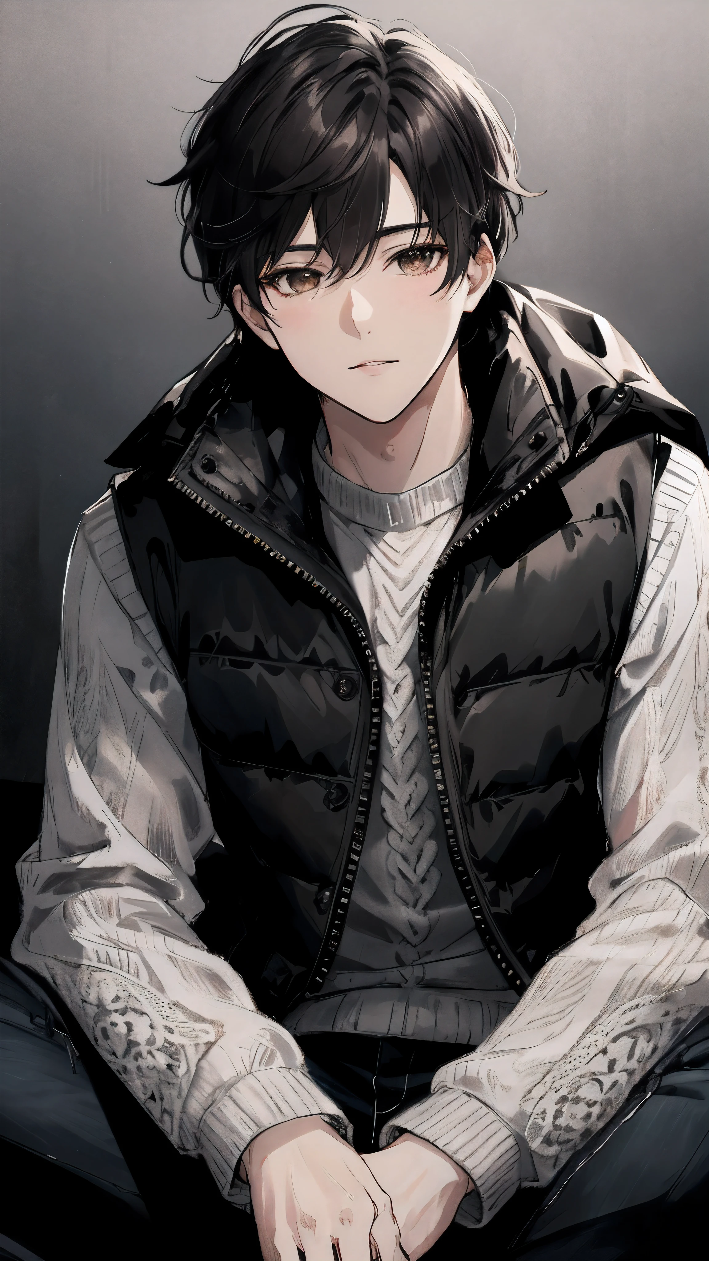 Young men, dark brown eyes,Black hair, Clear skin, black down vest, white textured sweater, Black jeans, Seated position, Slightly low angle, Looking at the camera, subtle makeup, Put your hands on your knees, Natural light on your face, the background is dark gray,High quality, amount of drawing, pixiv illustration
